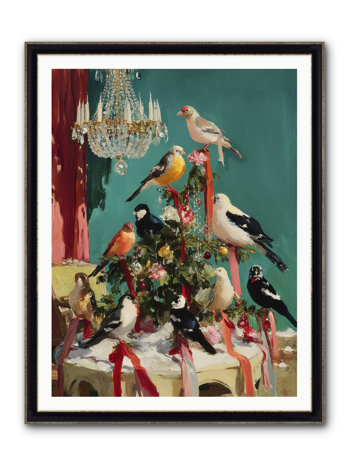 Perched & Perfectly Merry Framed Print - Black & Gold 36x48