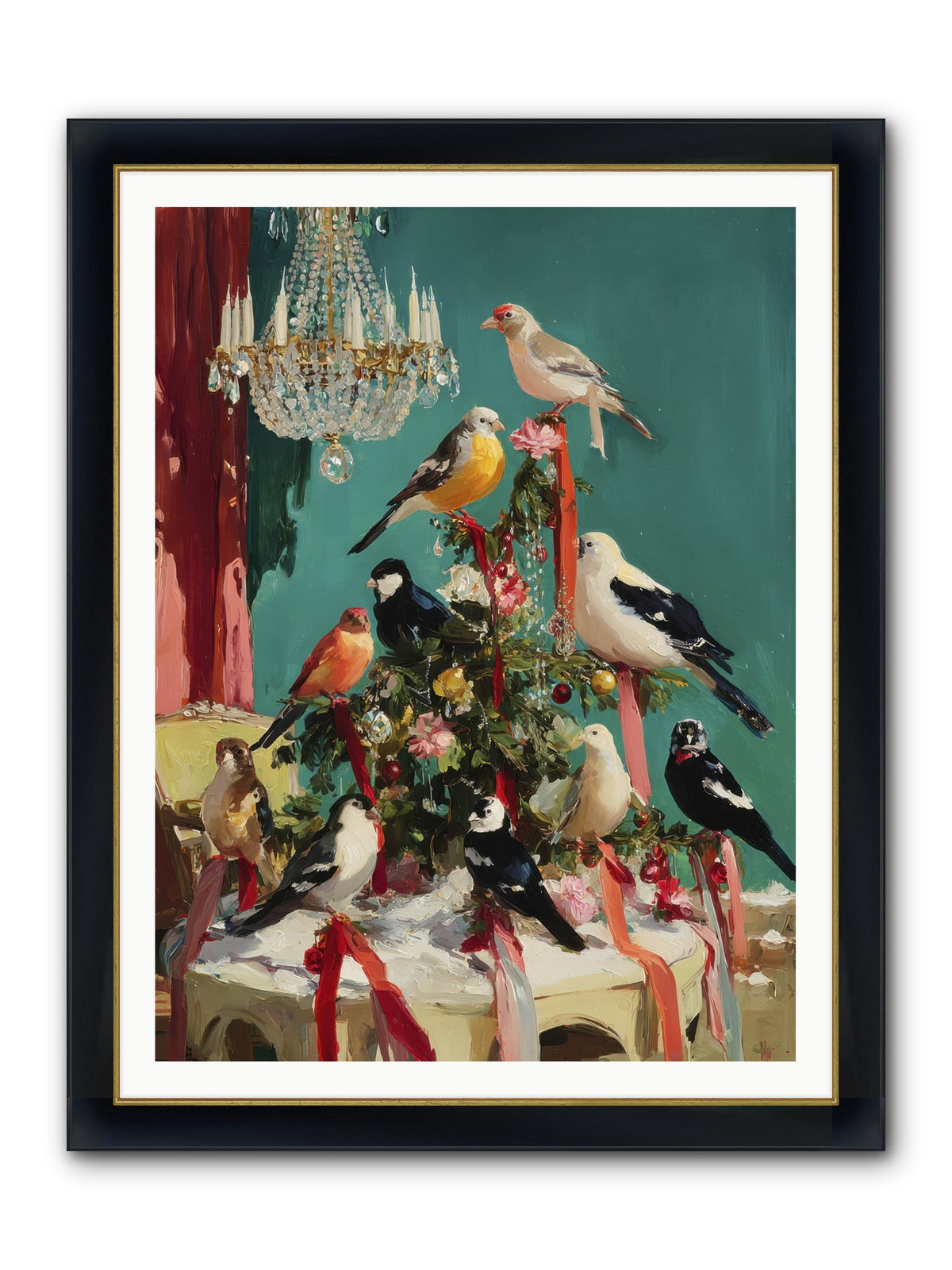 Perched & Perfectly Merry Framed Print - Wide Black w/Gold 36x48