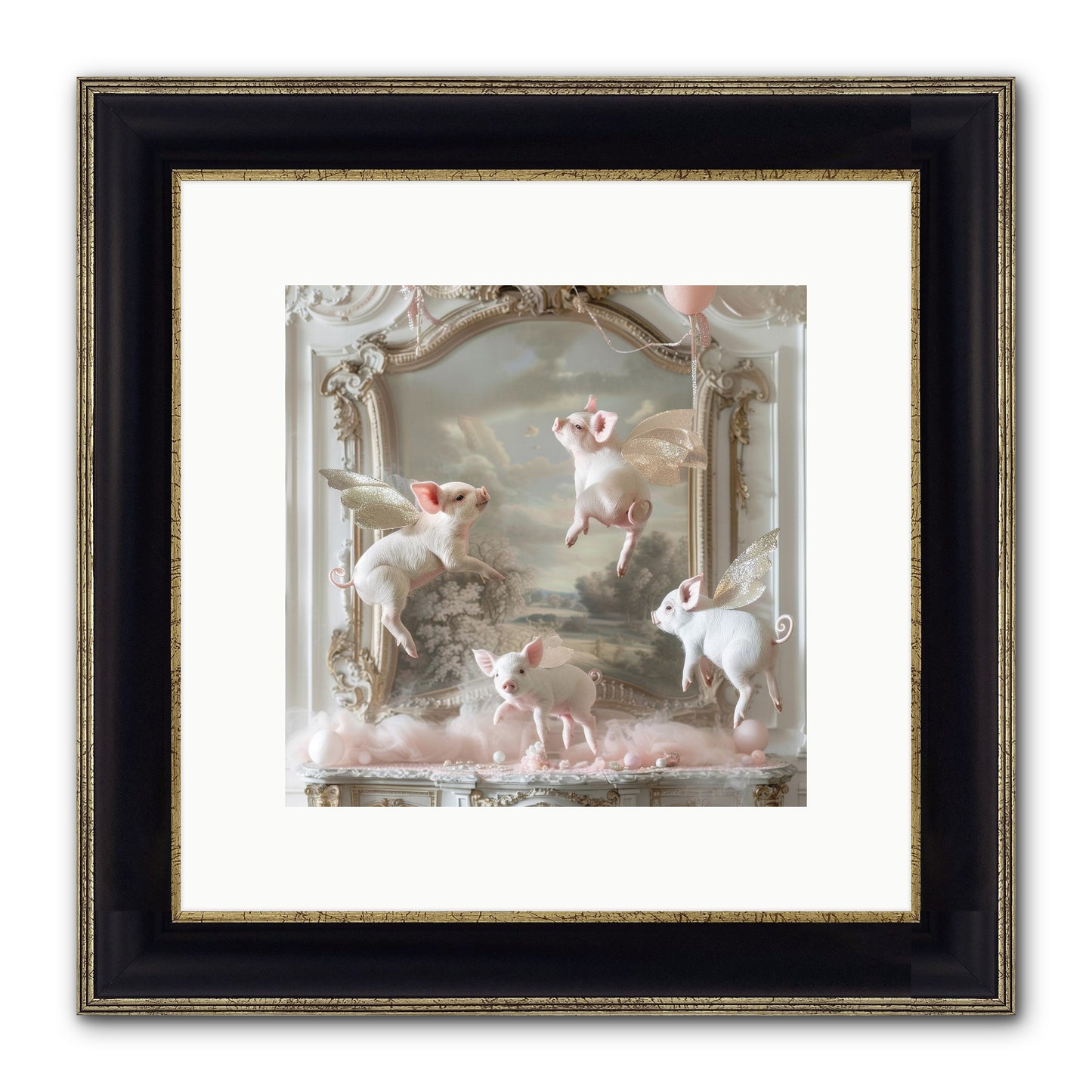Piglets Pirouette Framed Print - Black & Gold 10x10