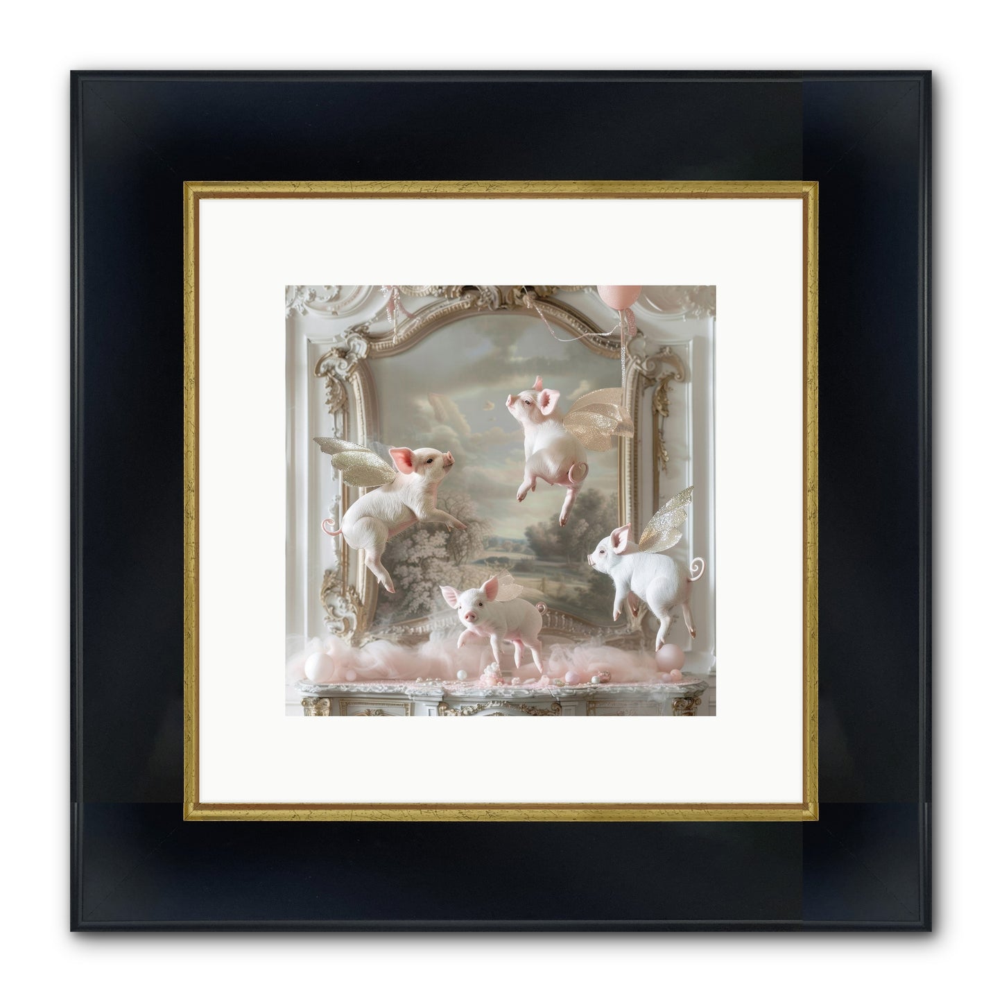 Piglets Pirouette Framed Print - Wide Black w/Gold 10x10