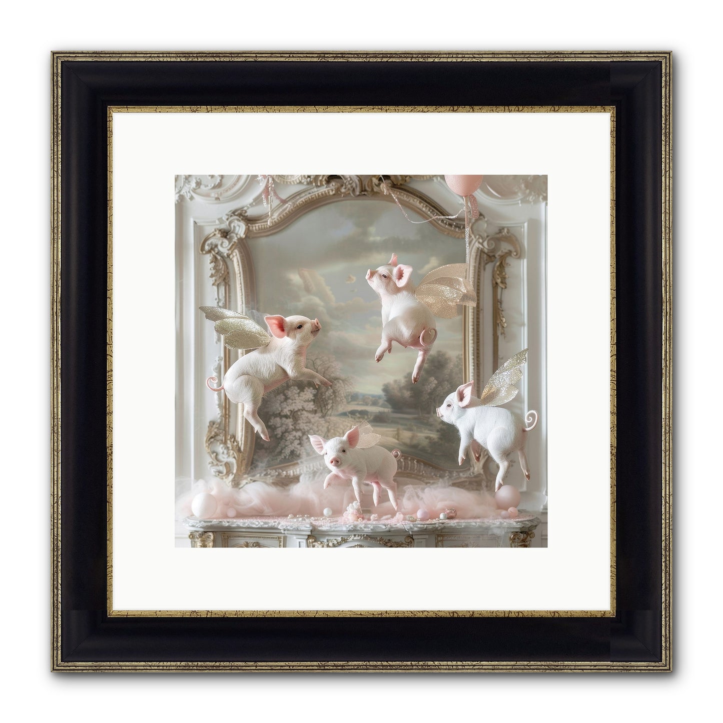 Piglets Pirouette Framed Print - Black & Gold 12x12