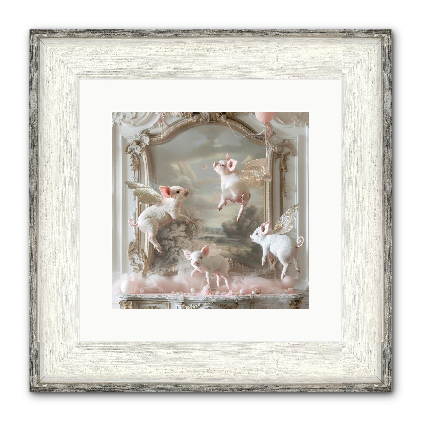 Piglets Pirouette Framed Print - Driftwood White 12x12