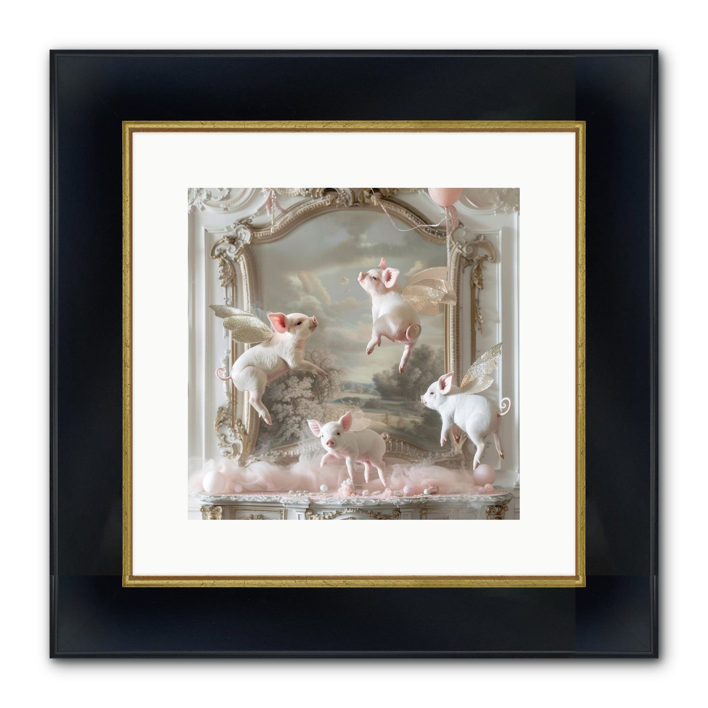 Piglets Pirouette Framed Print - Wide Black w/Gold 12x12