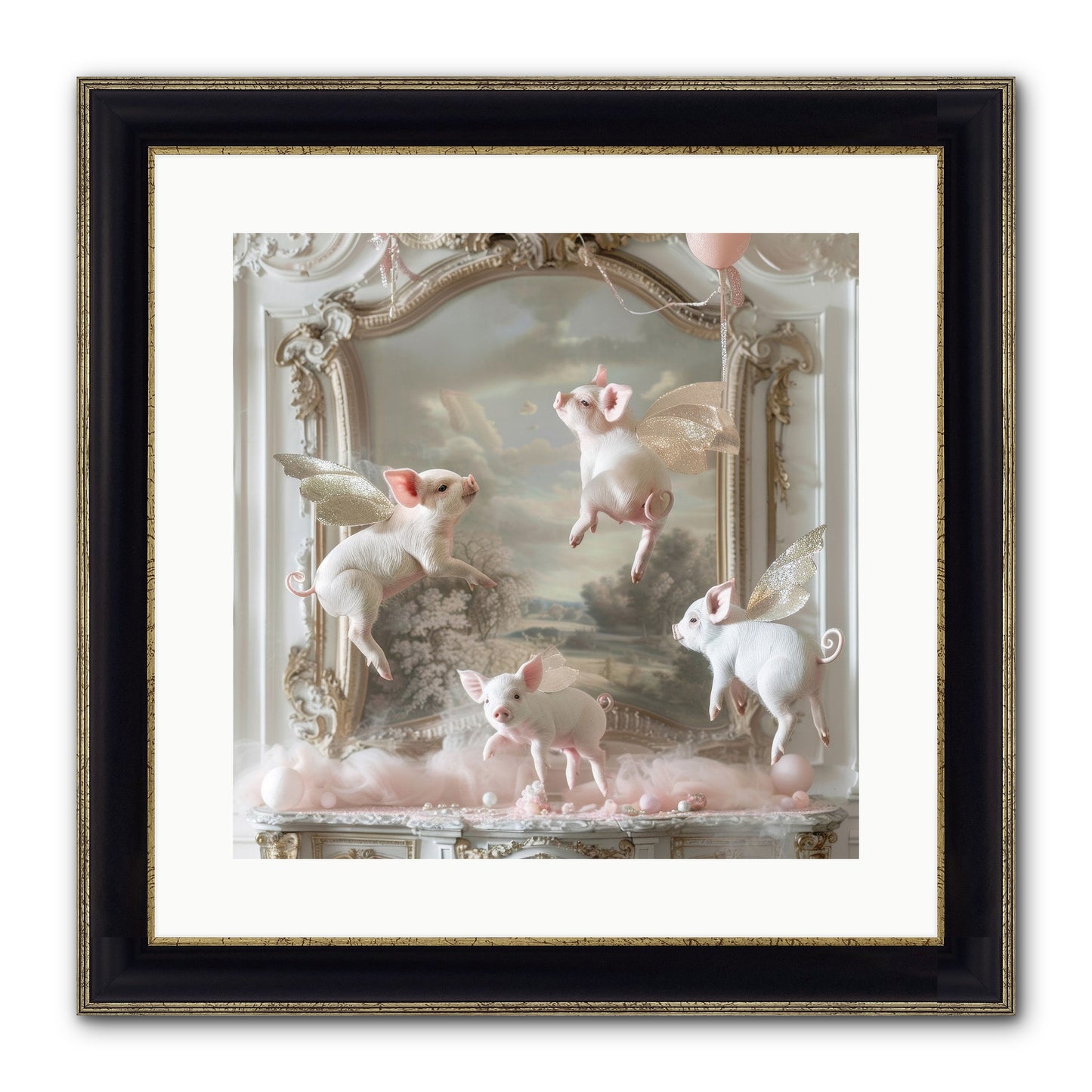 Piglets Pirouette Framed Print - Black & Gold 16x16