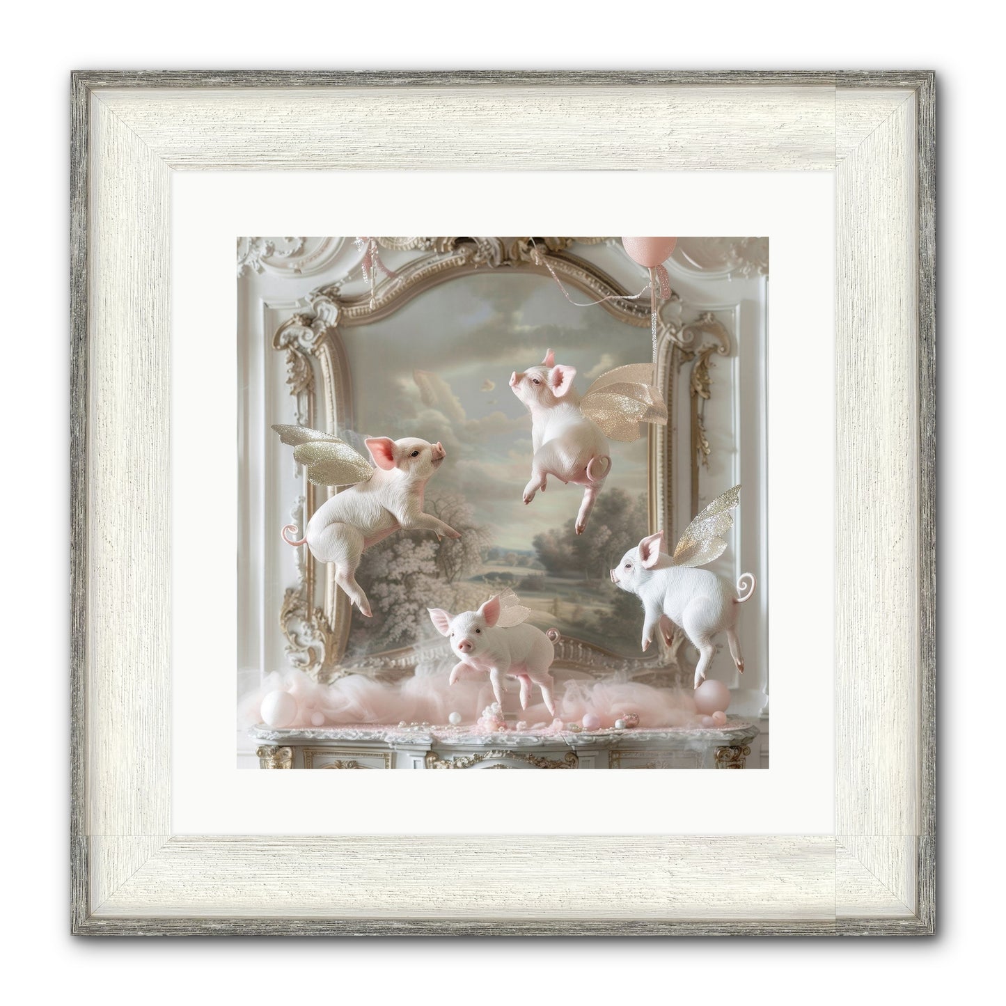 Piglets Pirouette Framed Print - Driftwood White 16x16