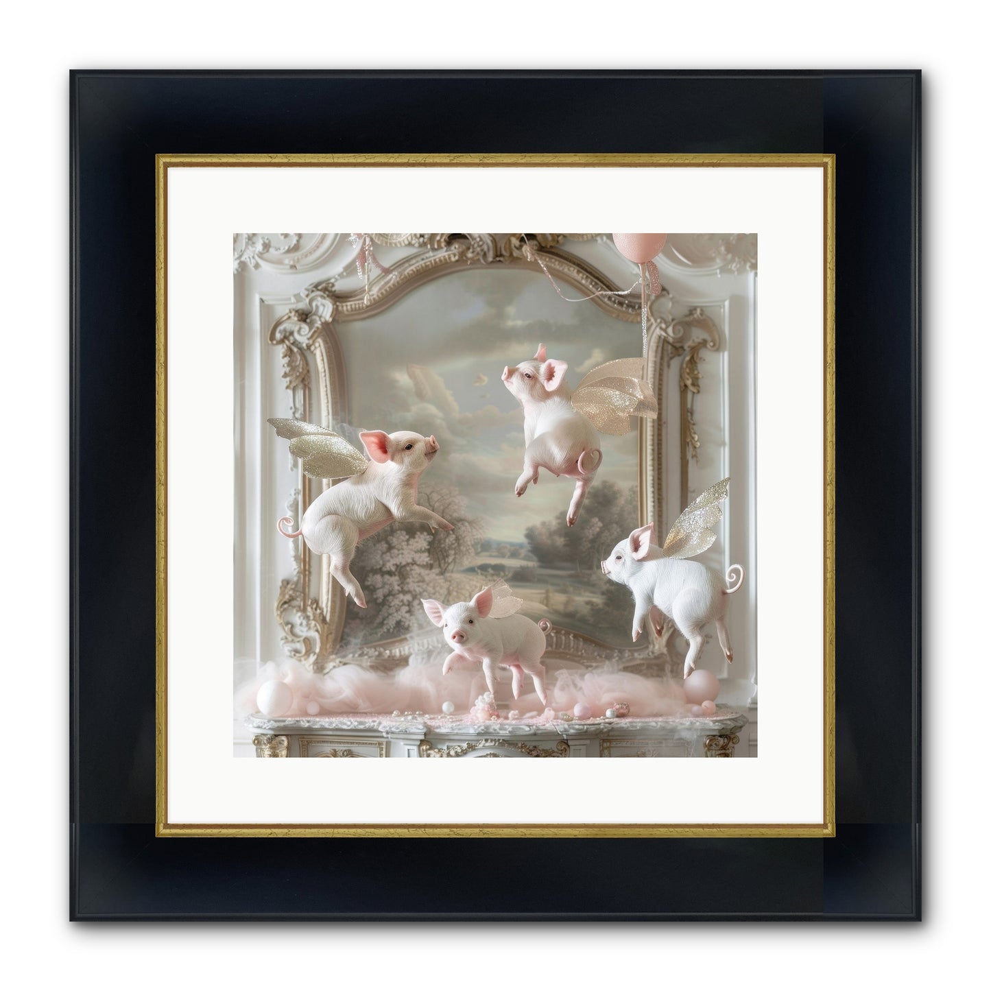 Piglets Pirouette Framed Print - Wide Black w/Gold 16x16