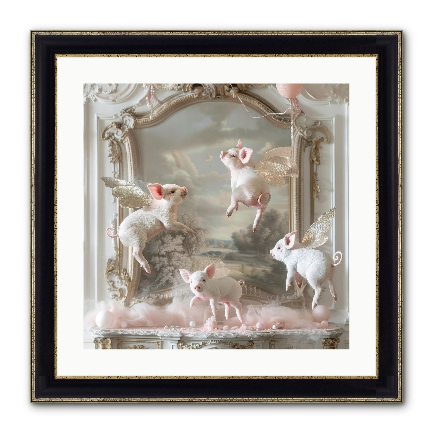 Piglets Pirouette Framed Print - Black & Gold 20x20