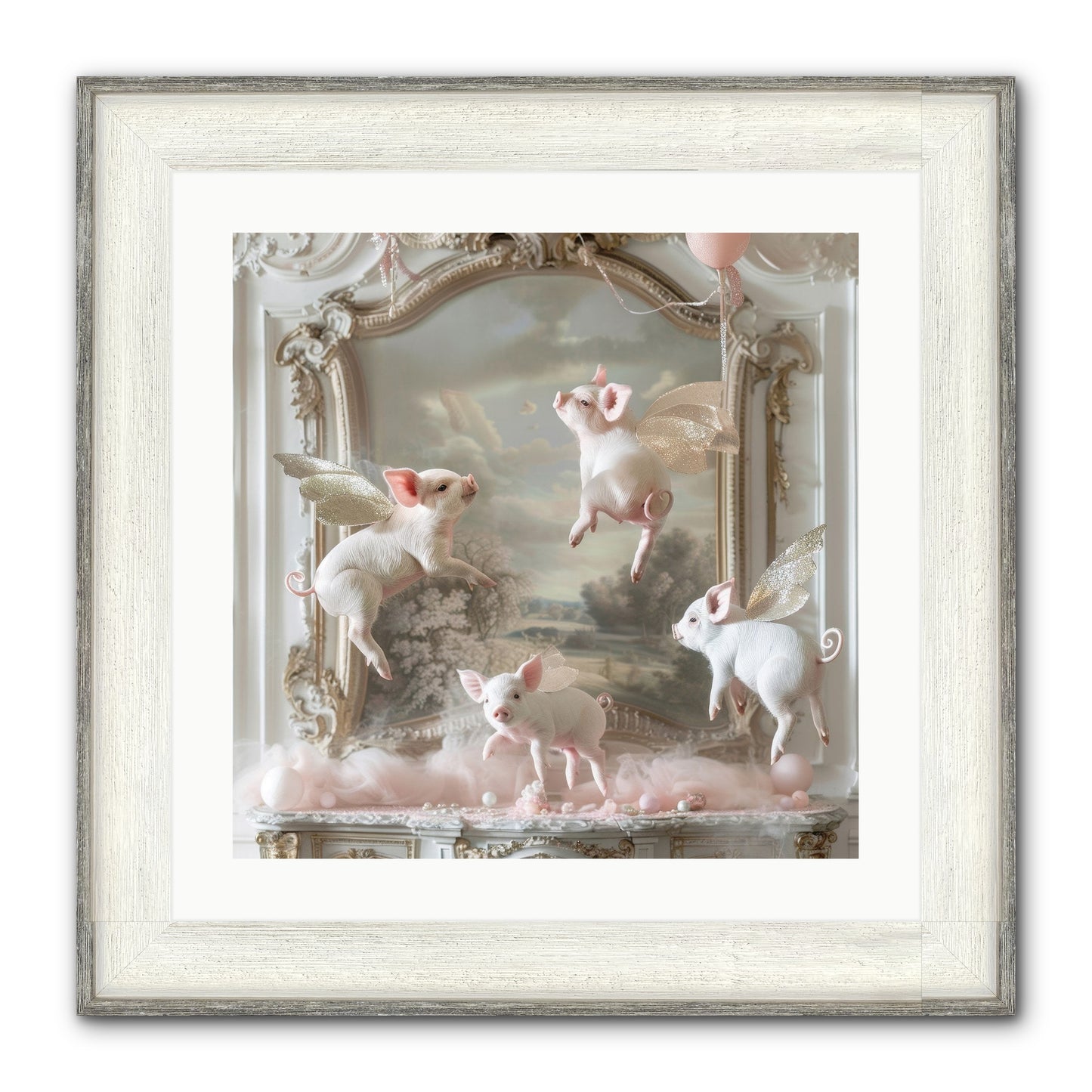 Piglets Pirouette Framed Print - Driftwood White 20x20