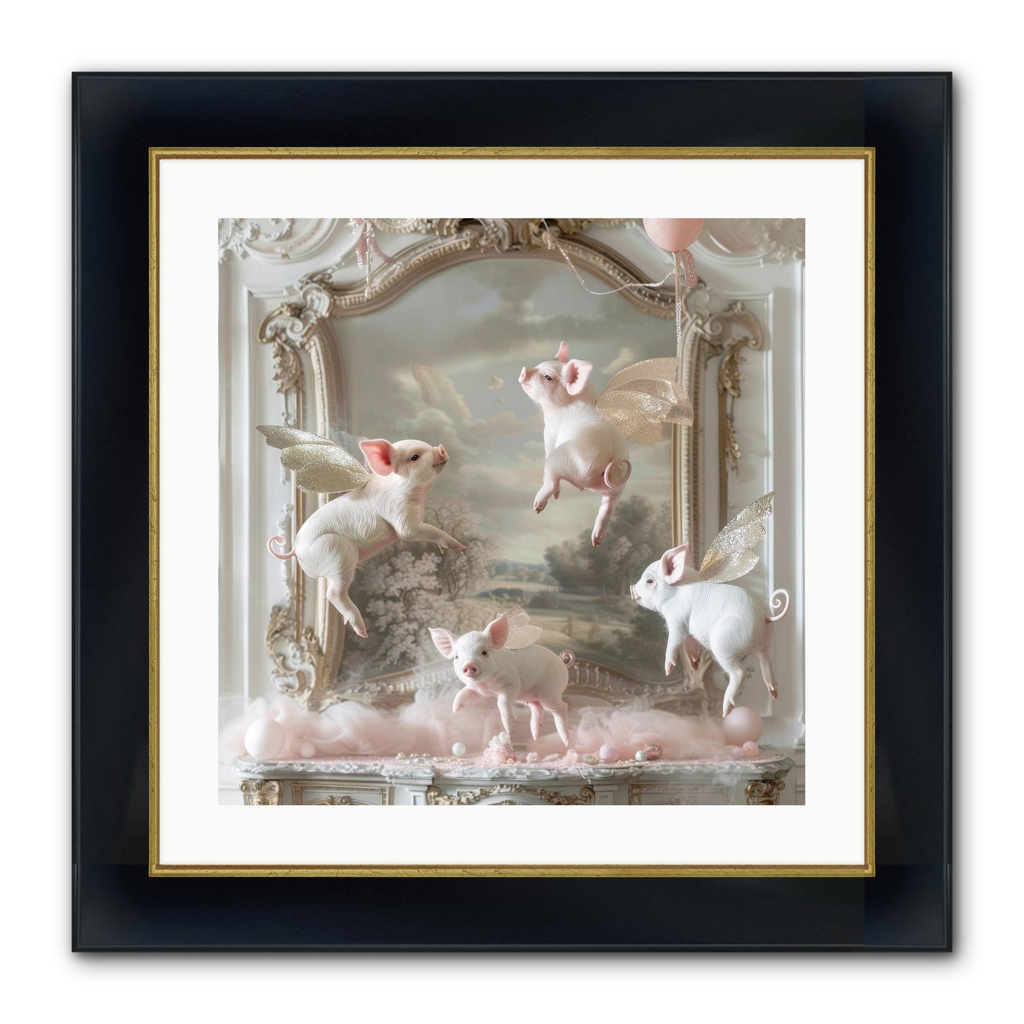 Piglets Pirouette Framed Print - Wide Black w/Gold 20x20