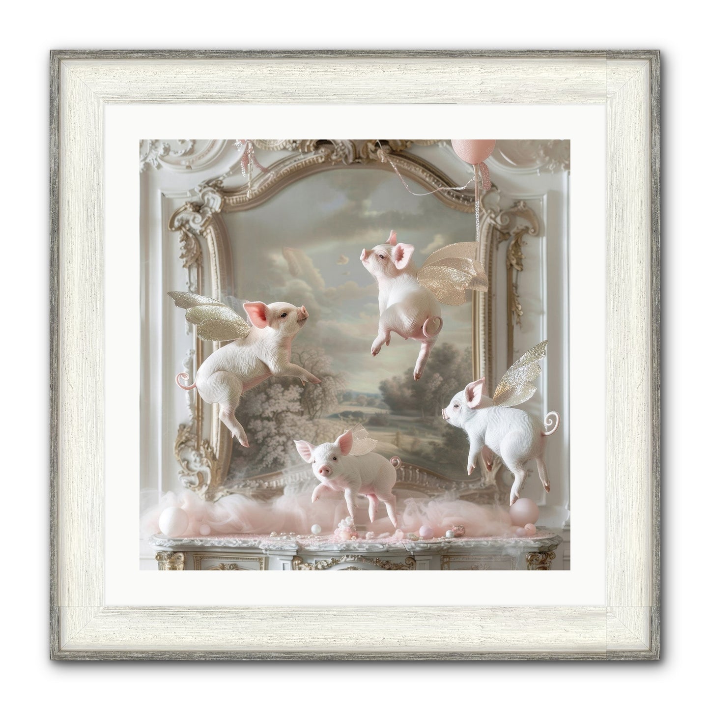 Piglets Pirouette Framed Print - Driftwood White 24x24