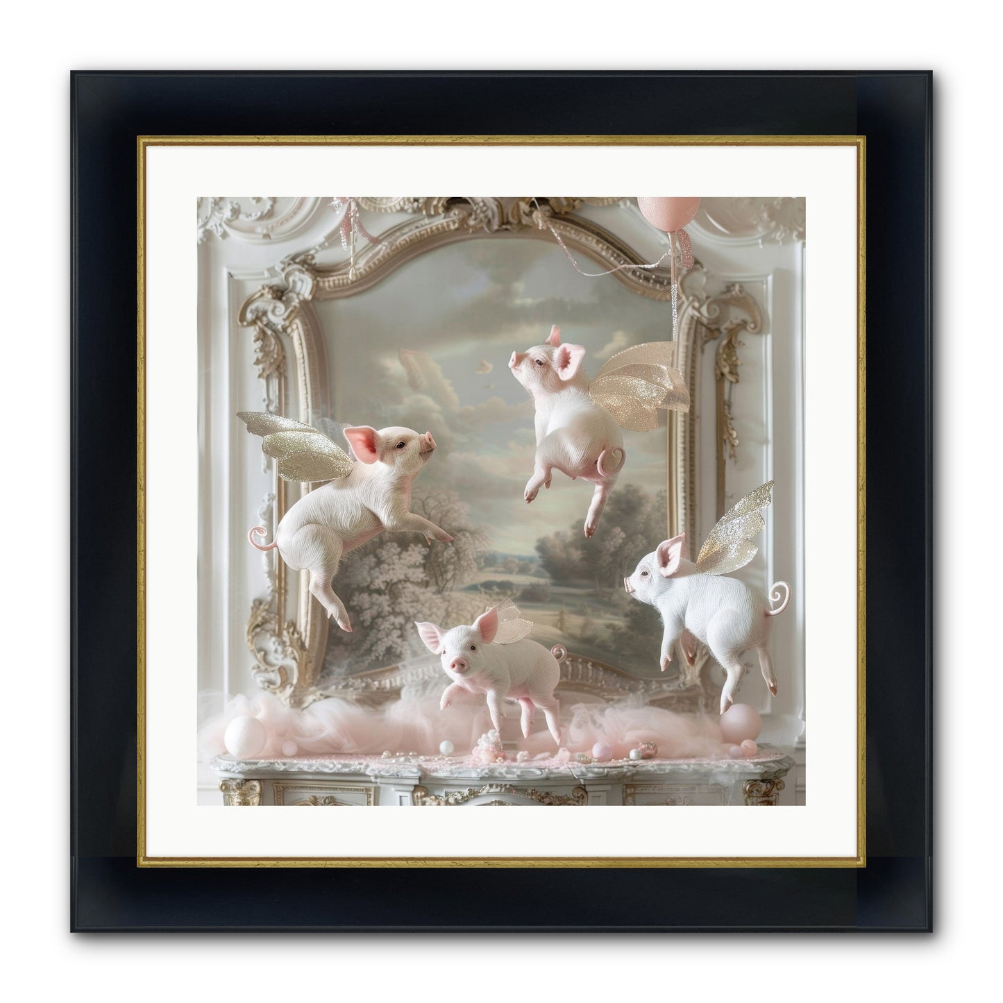 Piglets Pirouette Framed Print - Wide Black w/Gold 24x24
