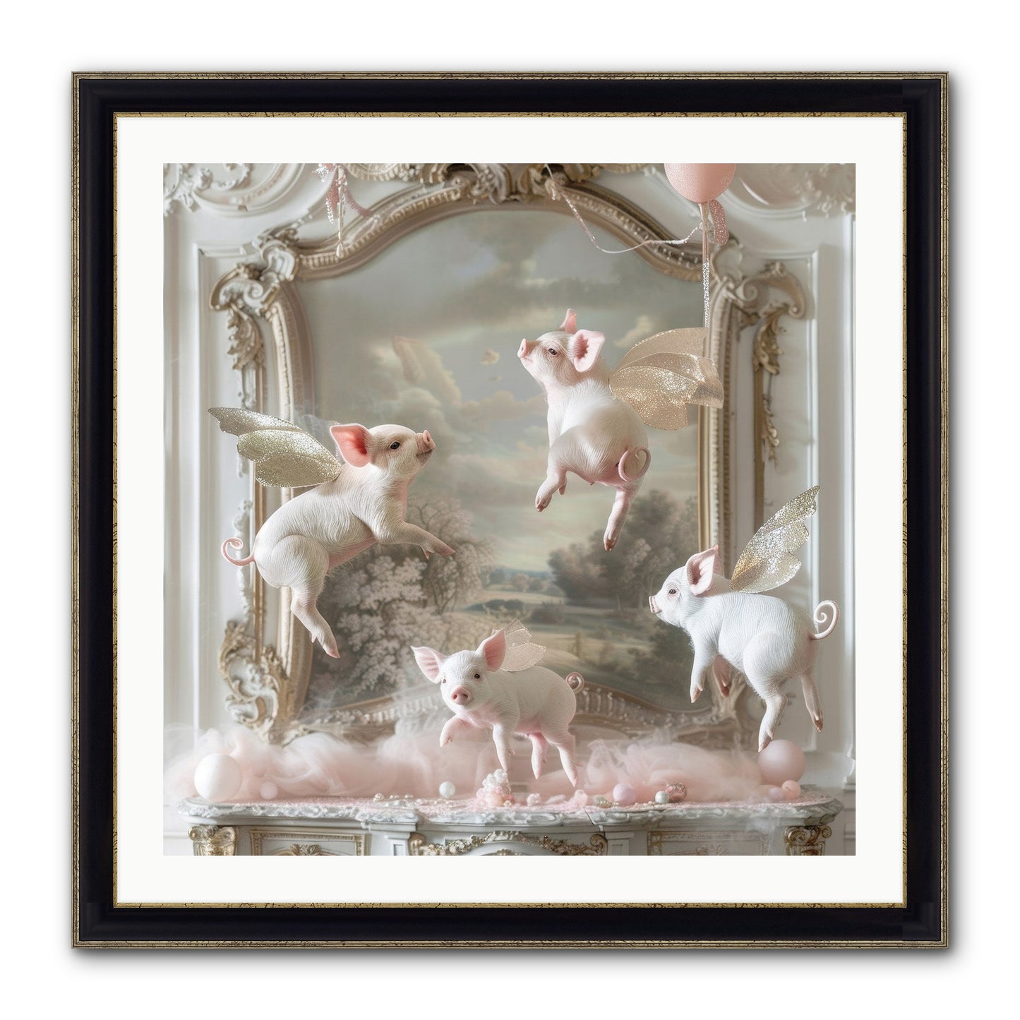Piglets Pirouette Framed Print - Black & Gold 30x30