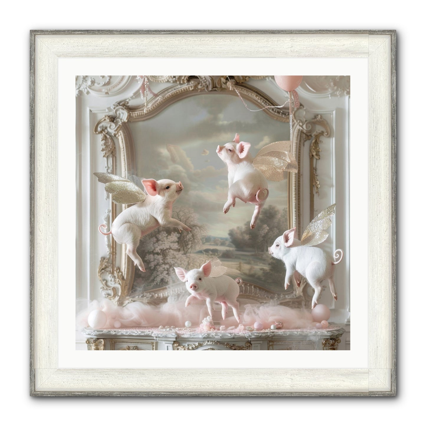 Piglets Pirouette Framed Print - Driftwood White 30x30