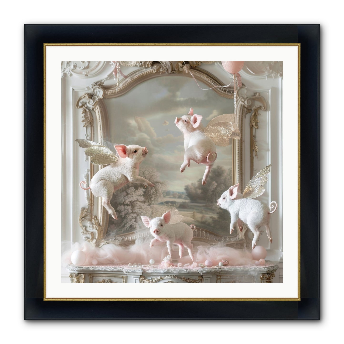 Piglets Pirouette Framed Print - Wide Black w/Gold 30x30
