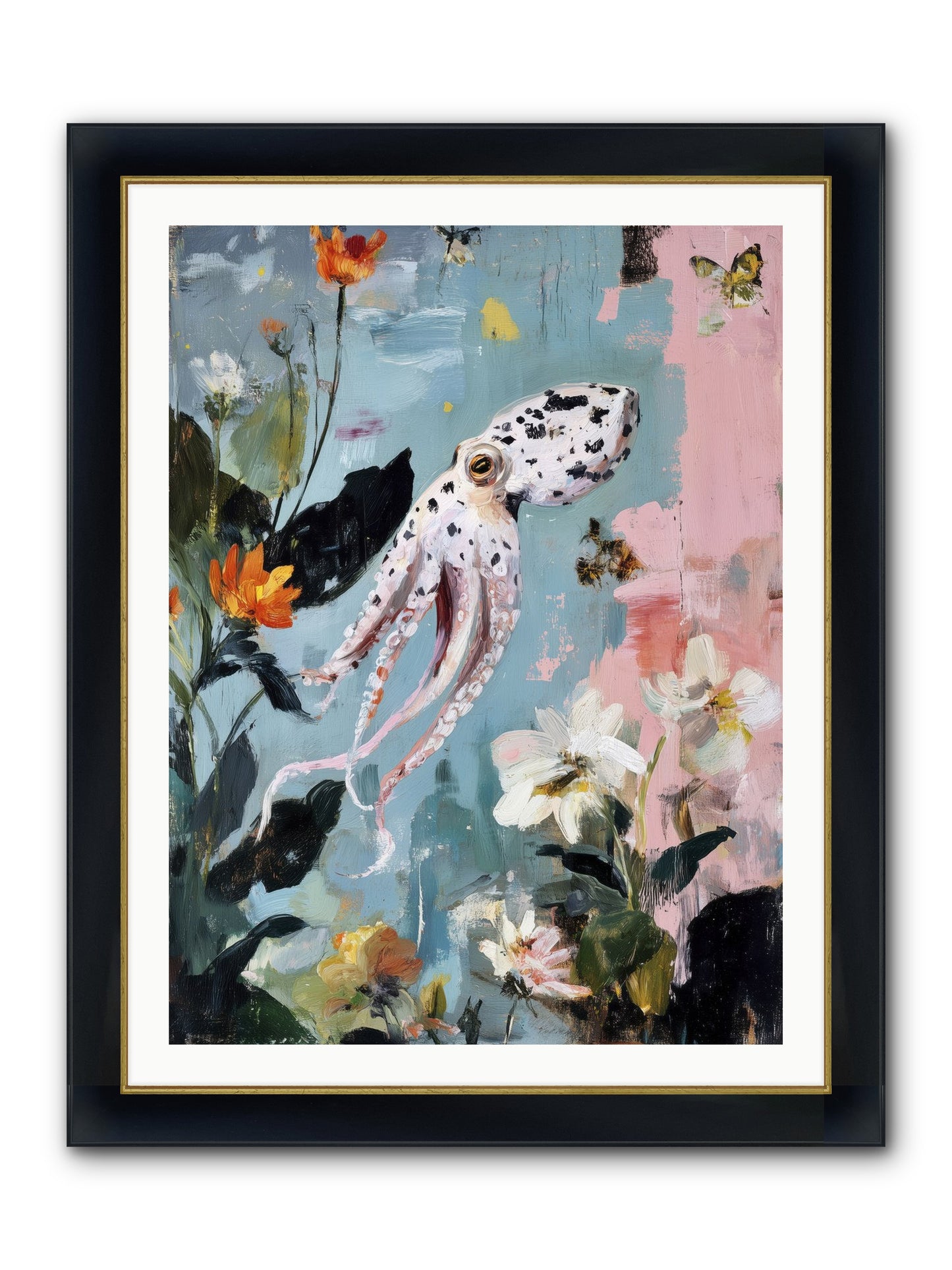 Playing In Blue Framed Print - Wide Black w/Gold 30x40