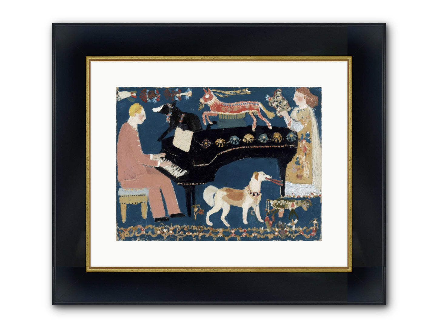 Playing Piano With Wolves Framed Print - Wide Black w/Gold 16x12