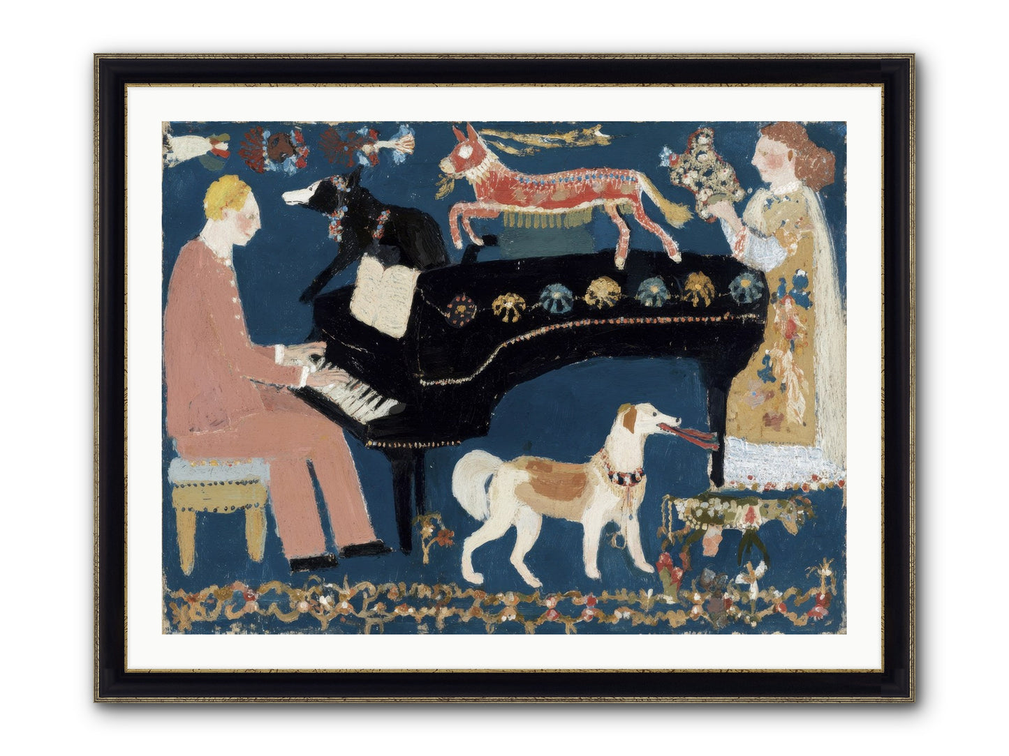Playing Piano With Wolves Framed Print - Black & Gold 40x30