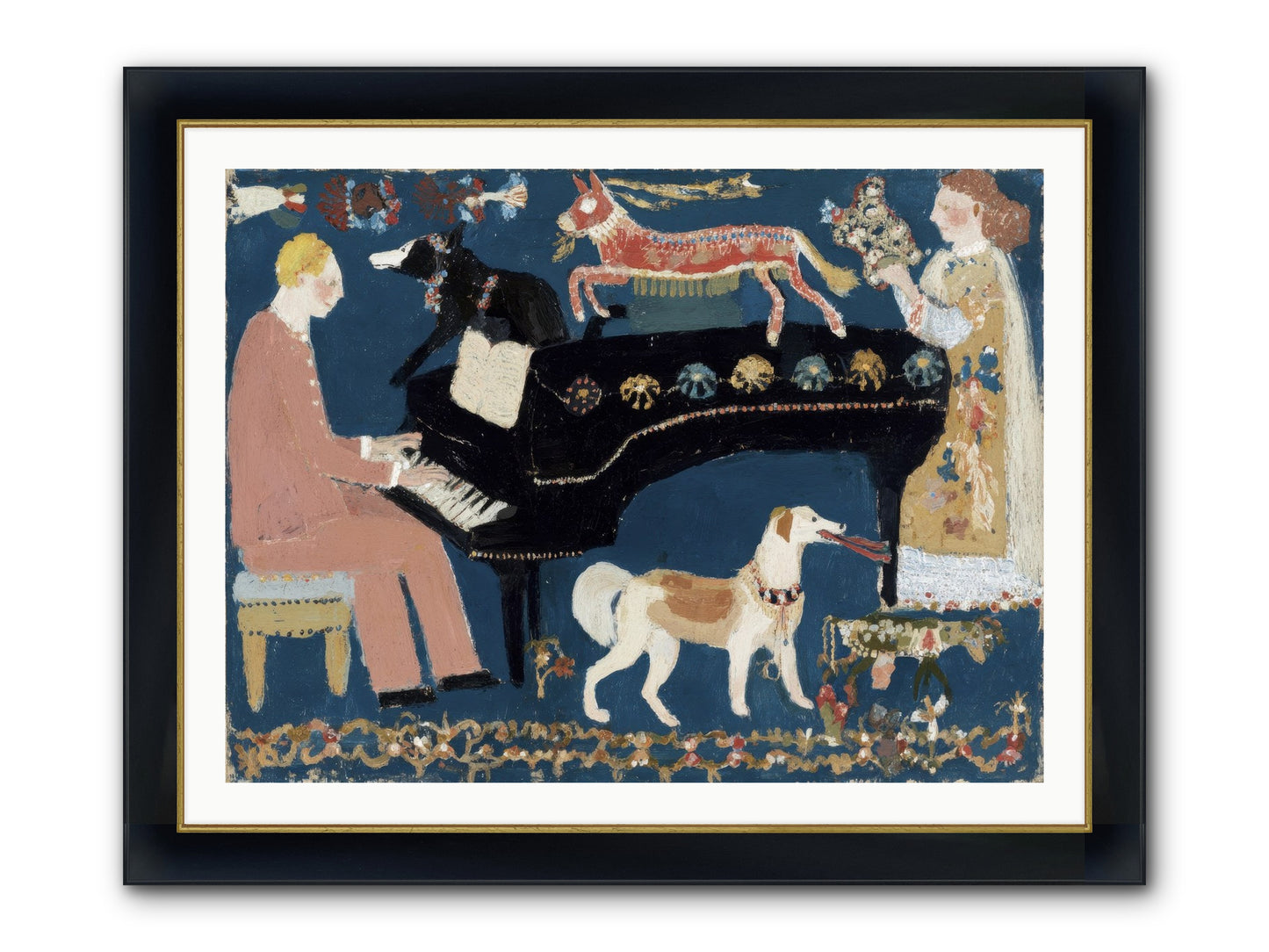 Playing Piano With Wolves Framed Print - Wide Black w/Gold 40x30