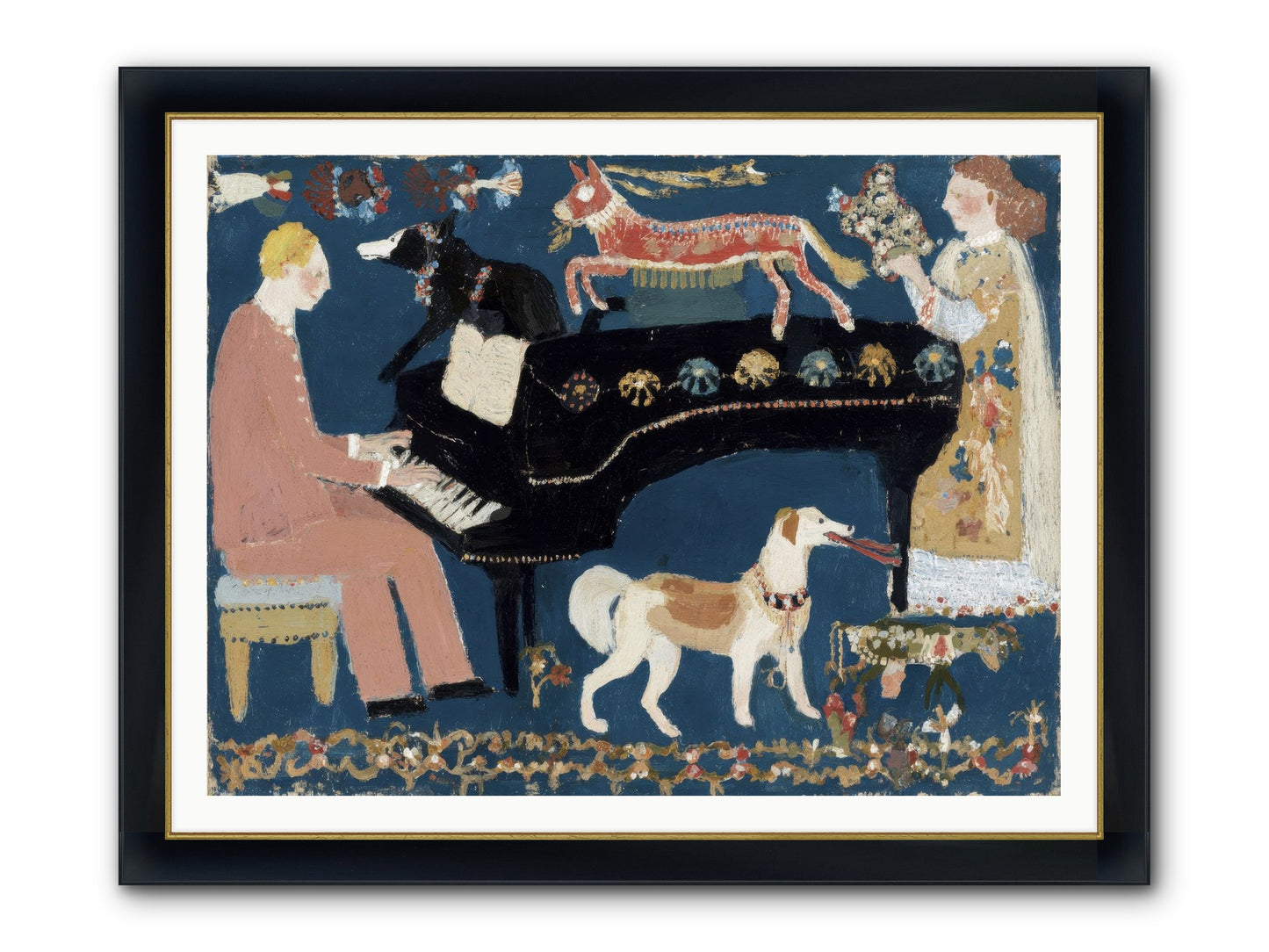 Playing Piano With Wolves Framed Print - Wide Black w/Gold 48x36