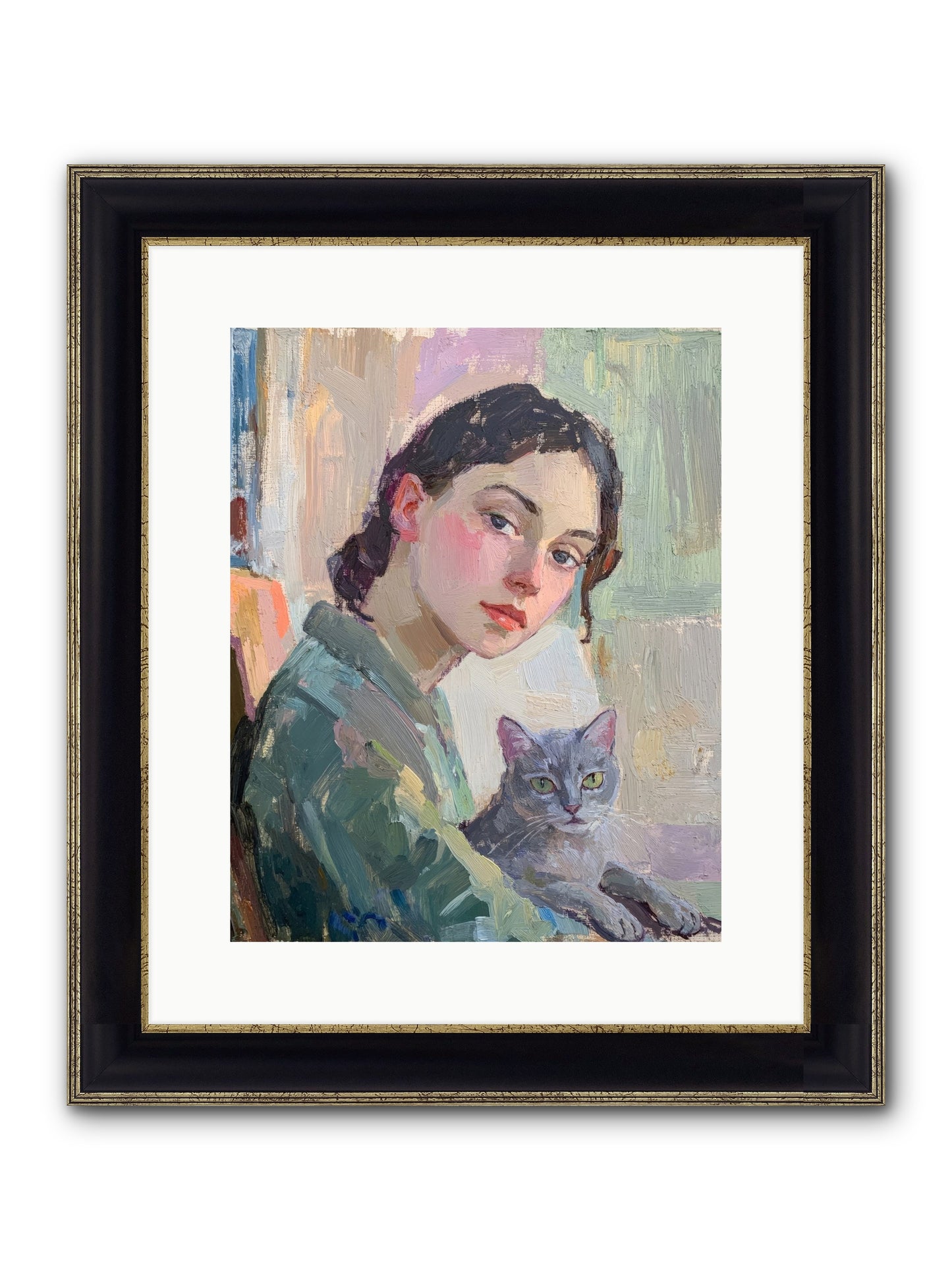 Portrait With Purring Framed Print - Black & Gold 12x15
