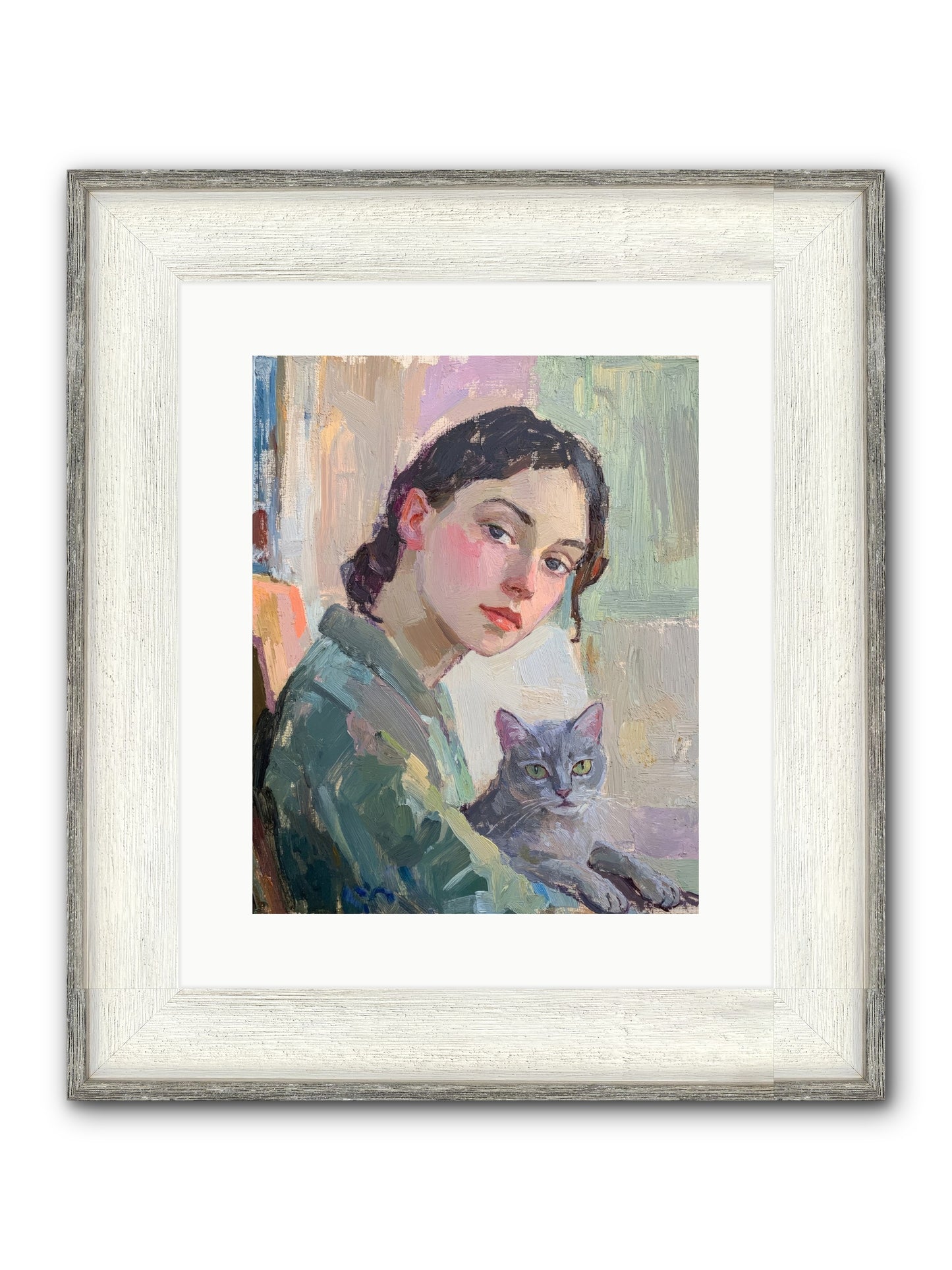 Portrait With Purring Framed Print - Driftwood White 12x15
