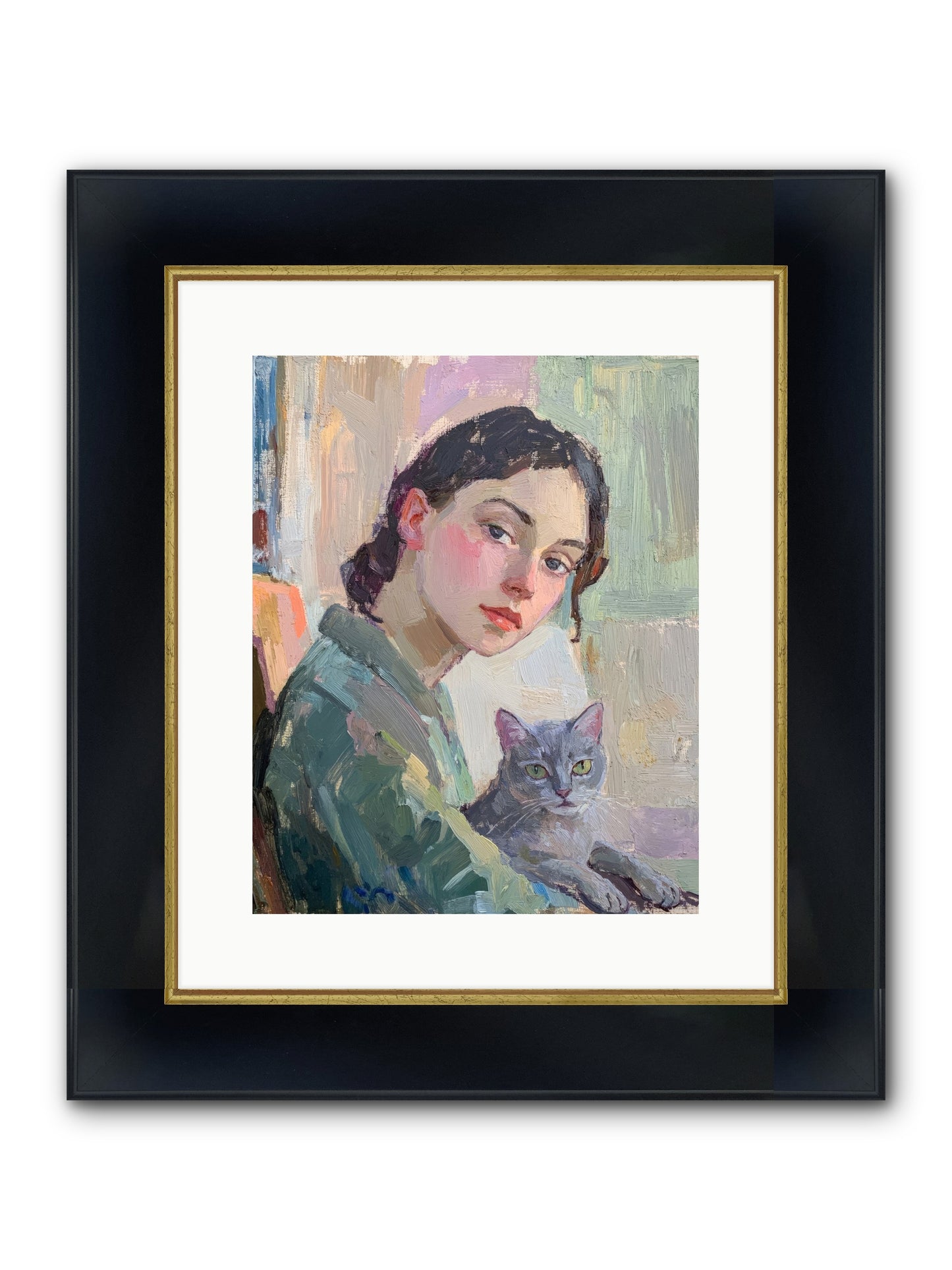 Portrait With Purring Framed Print - Wide Black w/Gold 12x15
