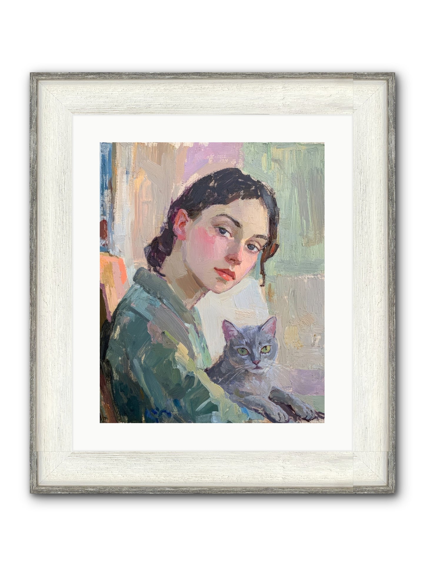 Portrait With Purring Framed Print - Driftwood White 16x20