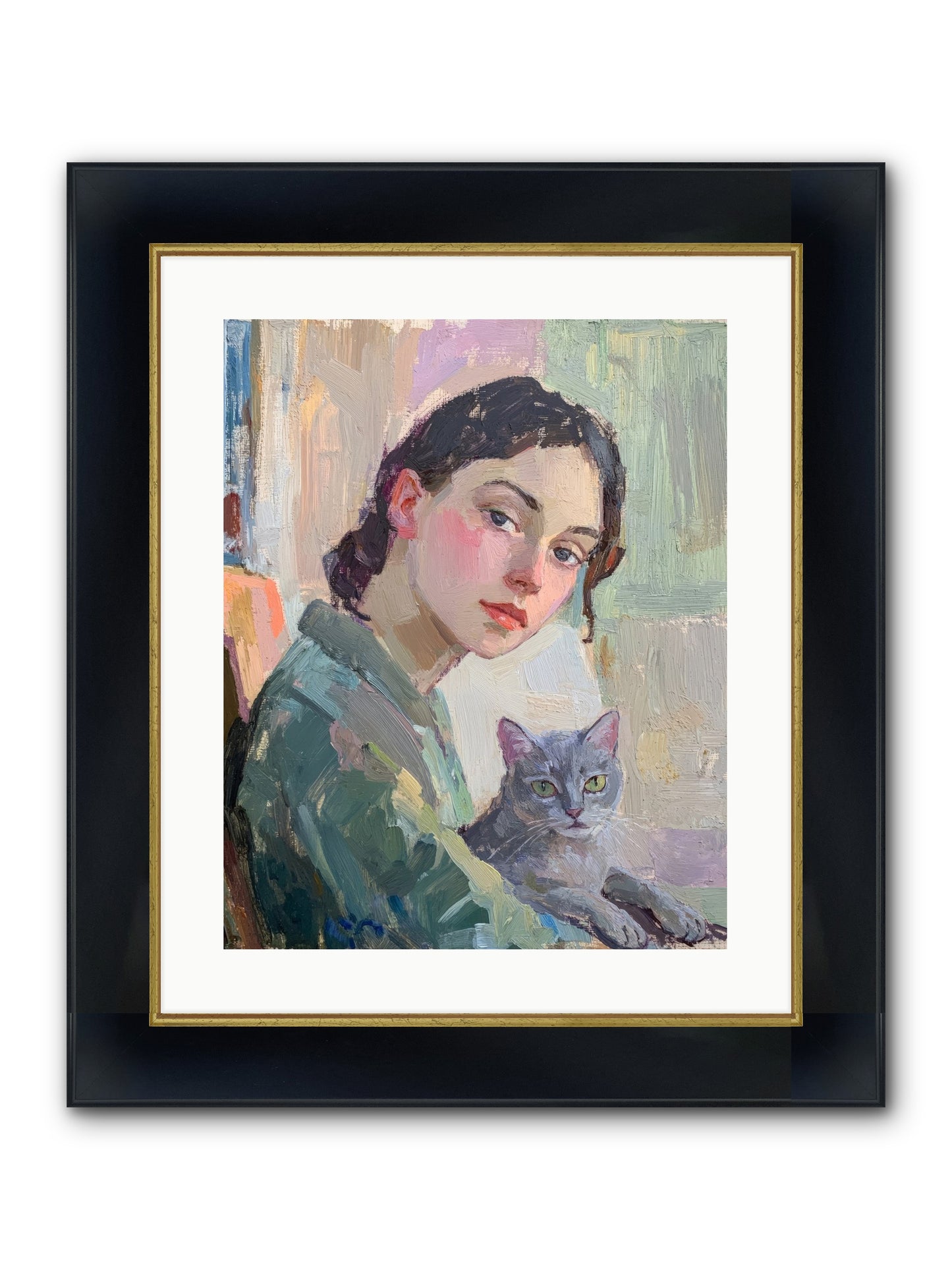 Portrait With Purring Framed Print - Wide Black w/Gold 16x20