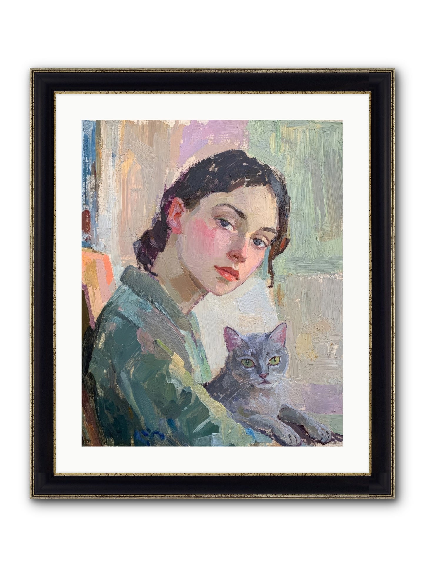Portrait With Purring Framed Print - Black & Gold 20x25