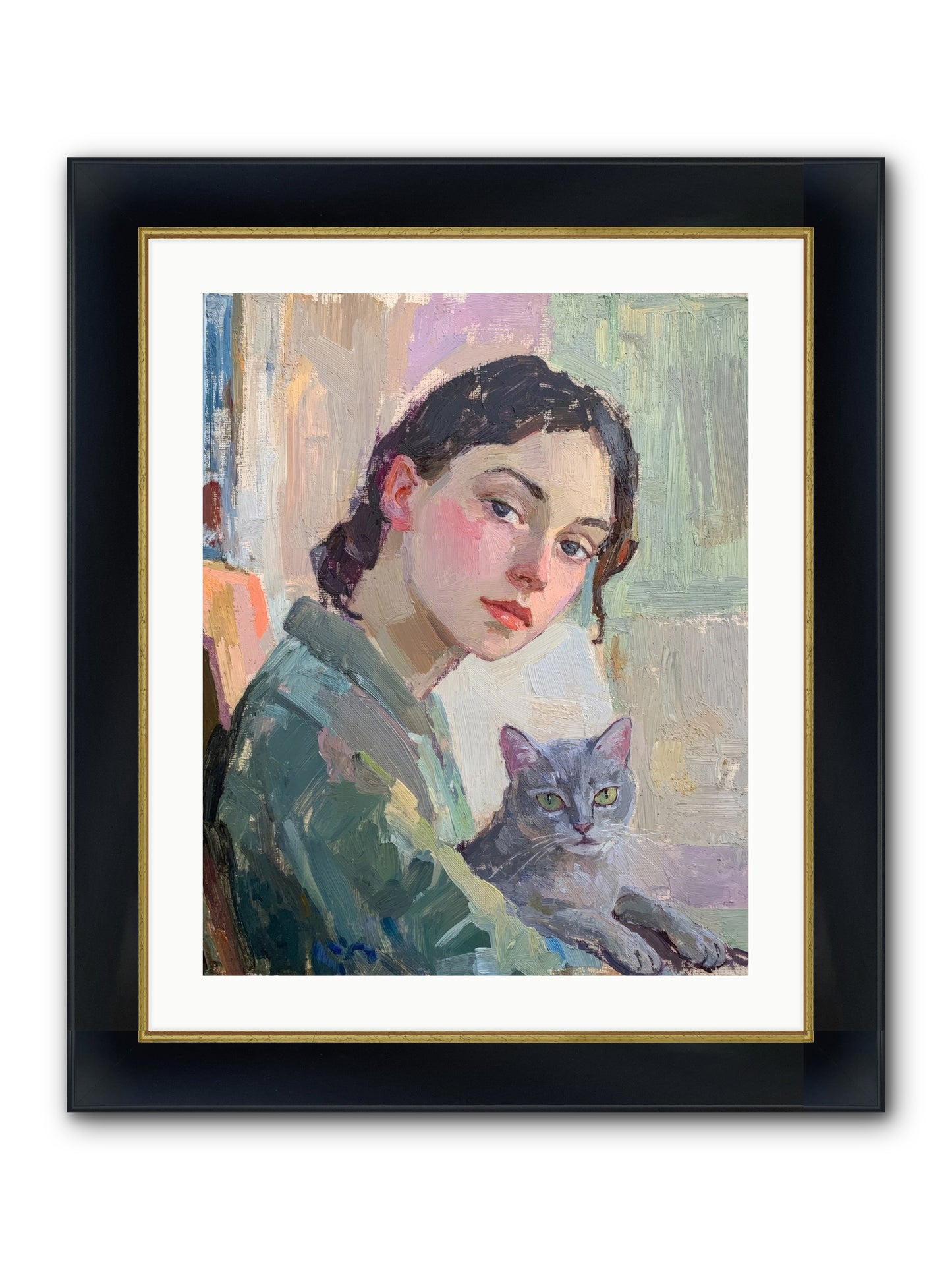 Portrait With Purring Framed Print - Wide Black w/Gold 20x25