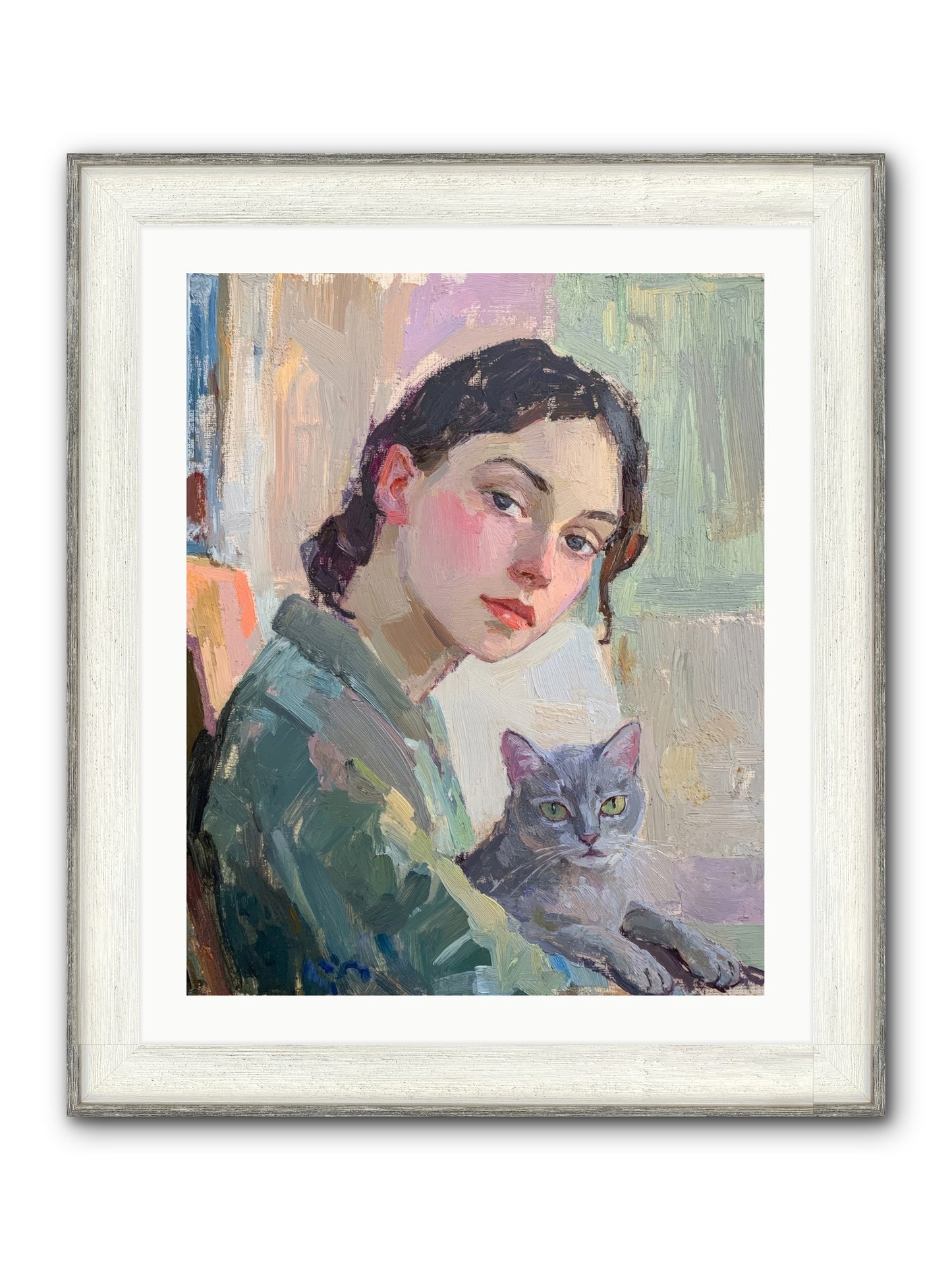 Portrait With Purring Framed Print - Driftwood White 24x30