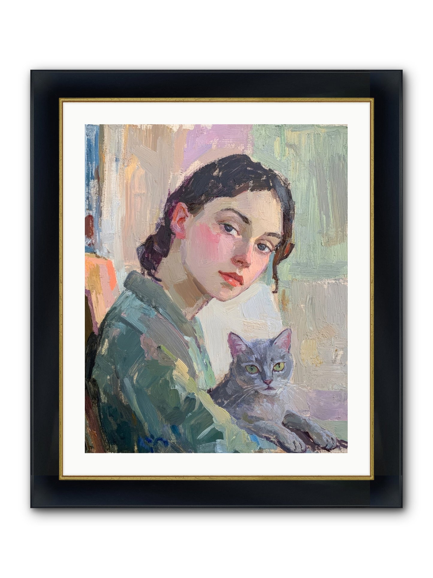 Portrait With Purring Framed Print - Wide Black w/Gold 24x30