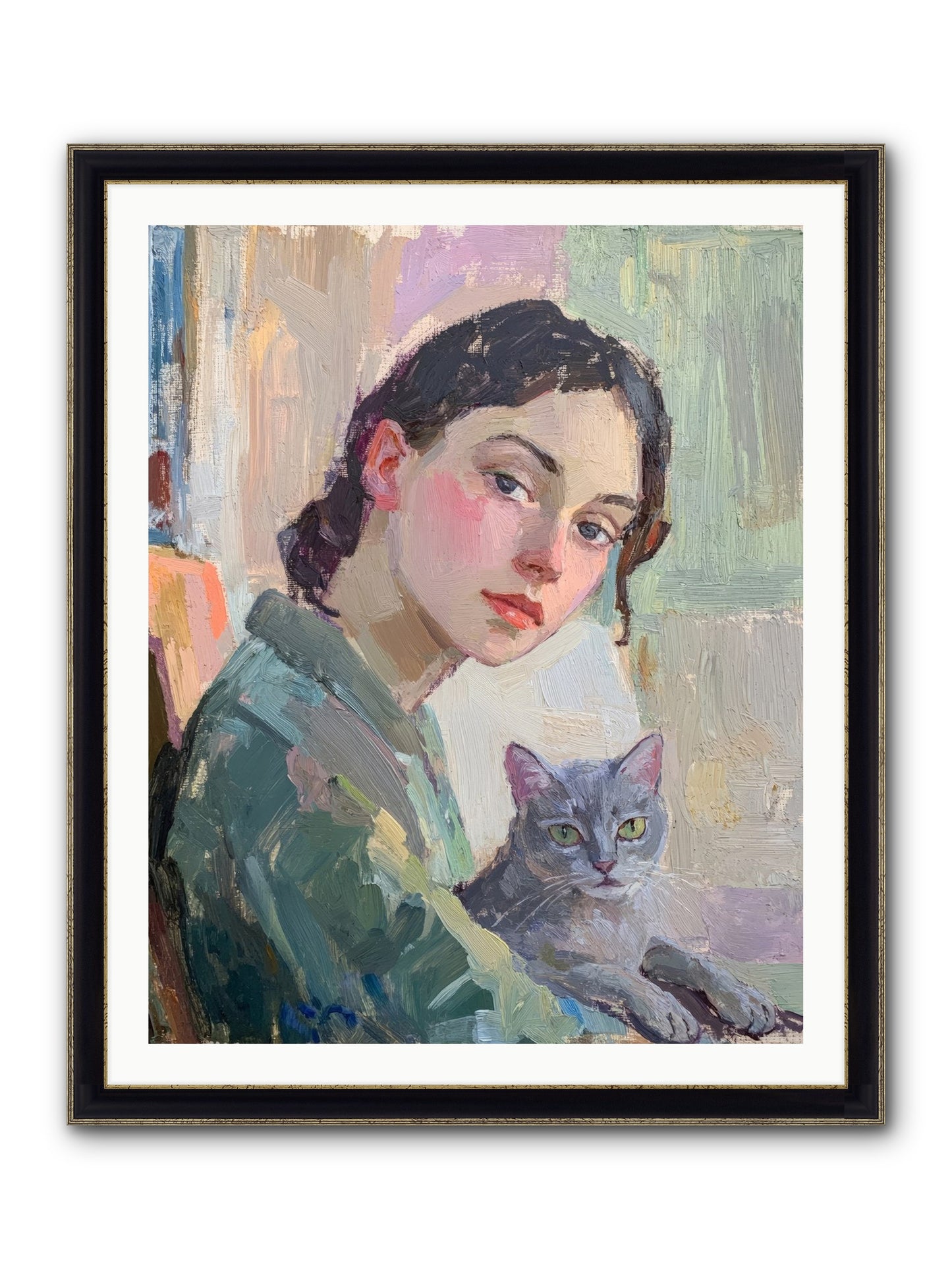 Portrait With Purring Framed Print - Black & Gold 32x40