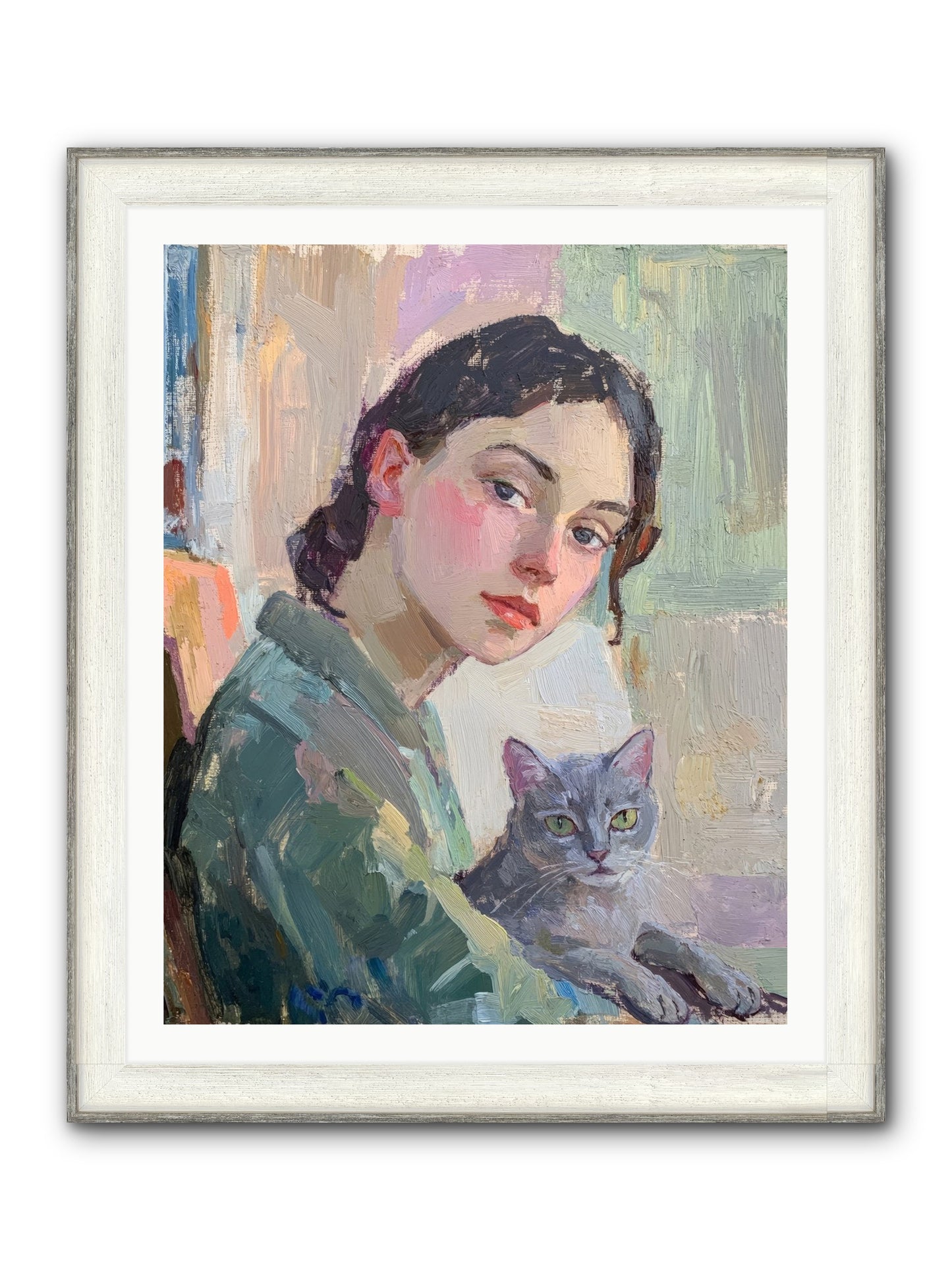 Portrait With Purring Framed Print - Driftwood White 32x40