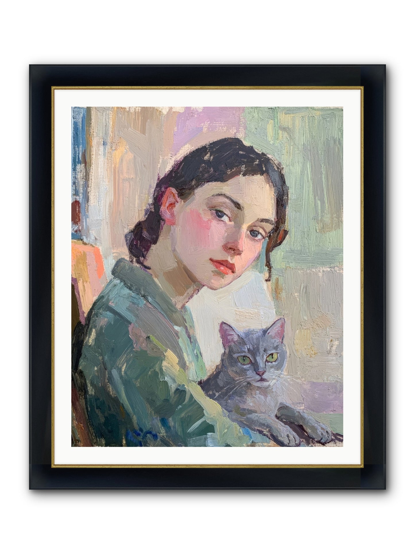 Portrait With Purring Framed Print - Wide Black w/Gold 32x40