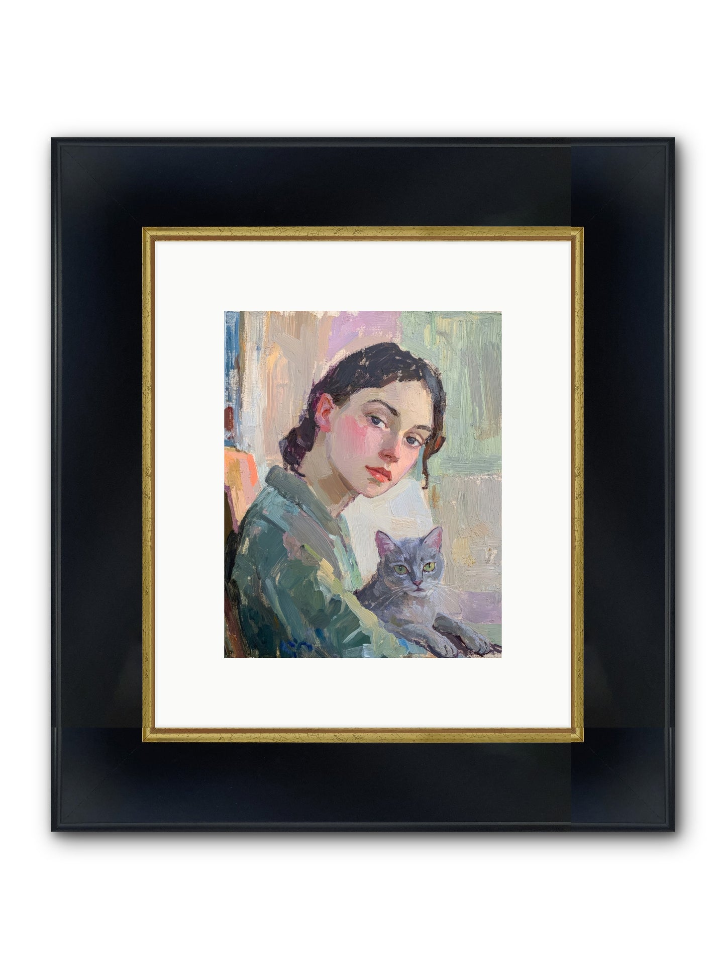 Portrait With Purring Framed Print - Wide Black w/Gold 8x10
