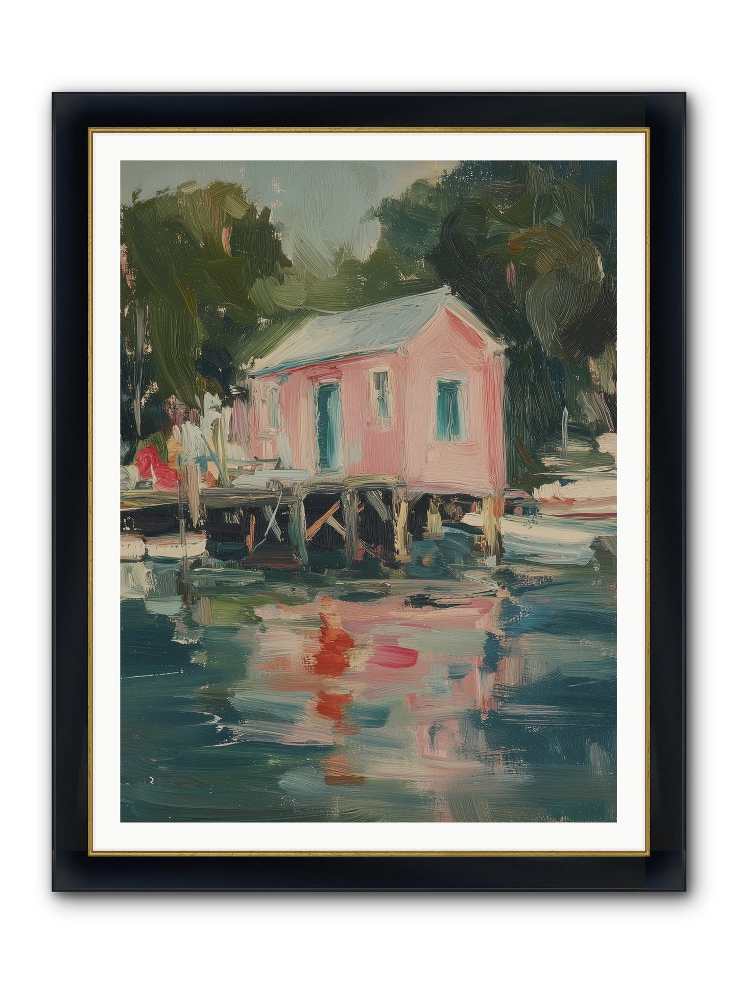 Rose Cottage Framed Print - Wide Black w/Gold 36x48