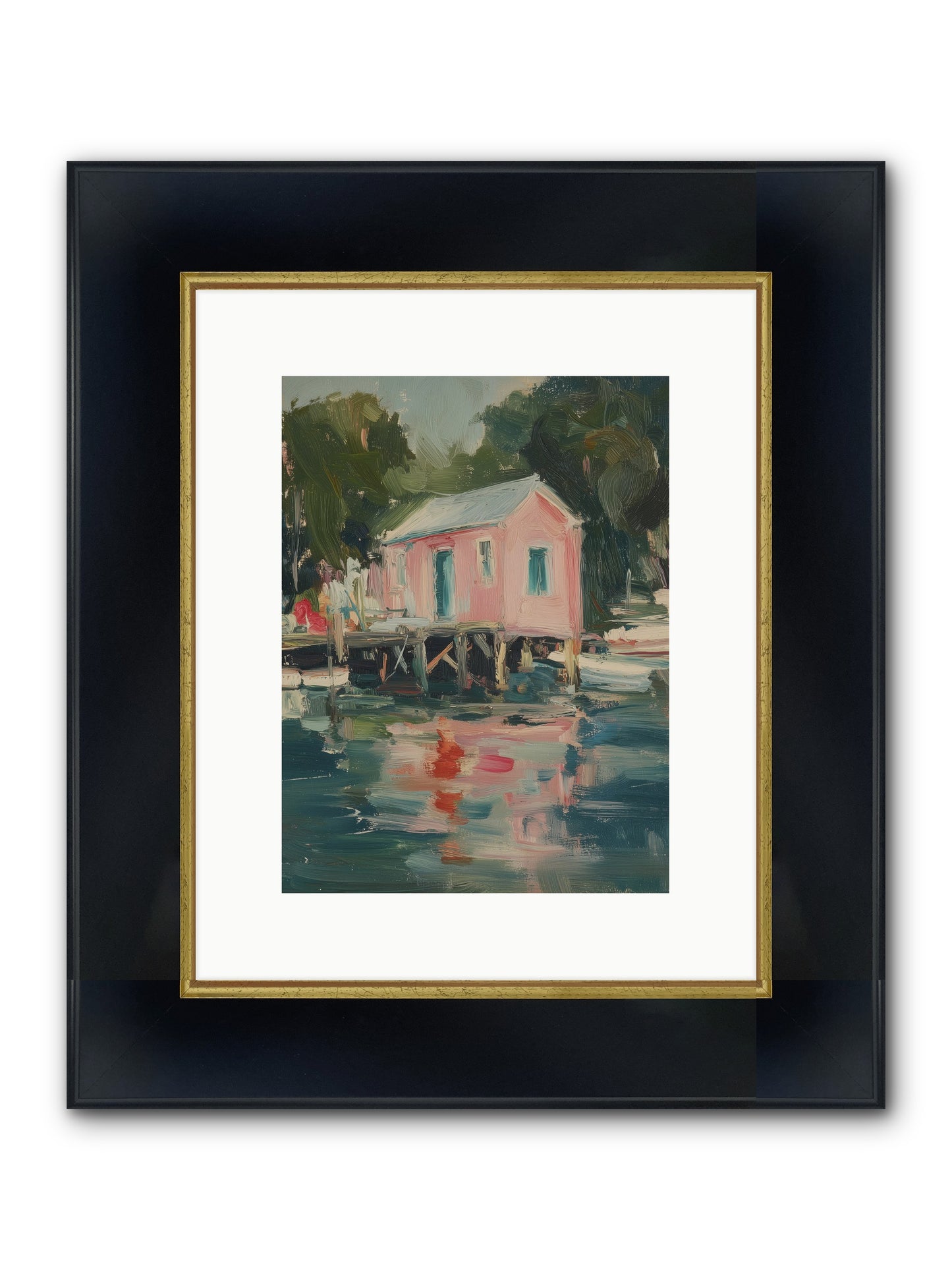 Rose Cottage Framed Print - Wide Black w/Gold 9x12