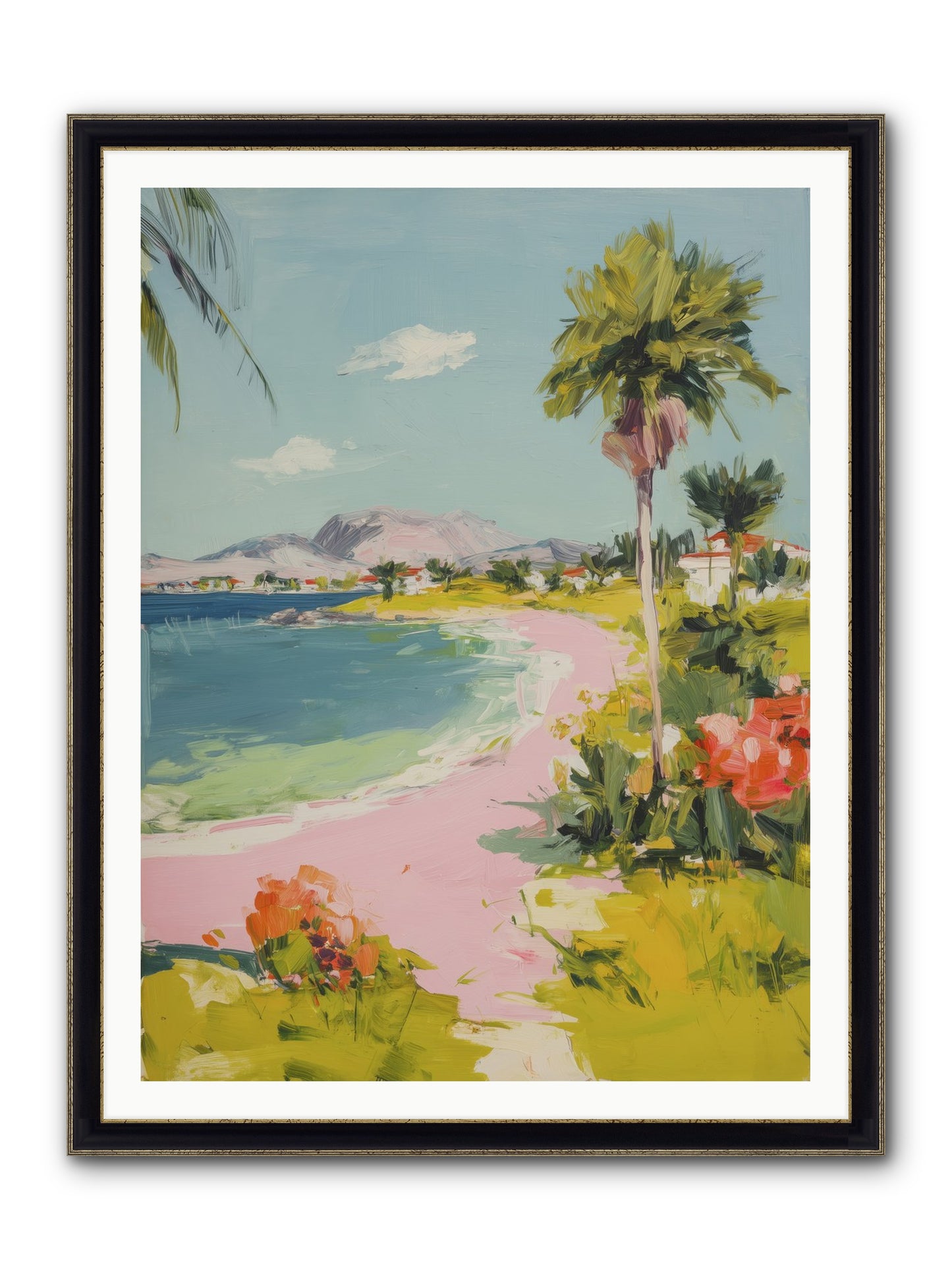 Rosy Coastline Framed Print - Black & Gold 36x48