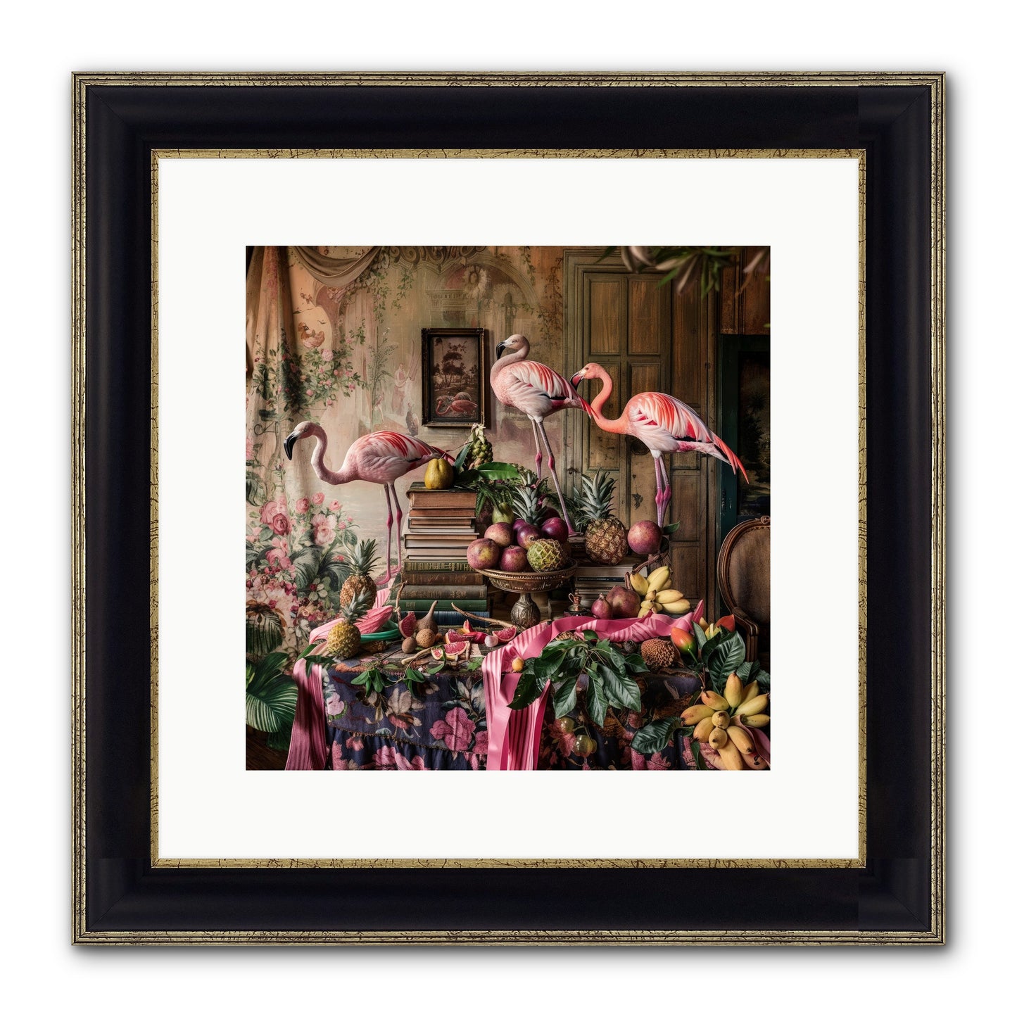 Scarlet Sentinels Of Ancient Waters Framed Print - Black & Gold 12x12