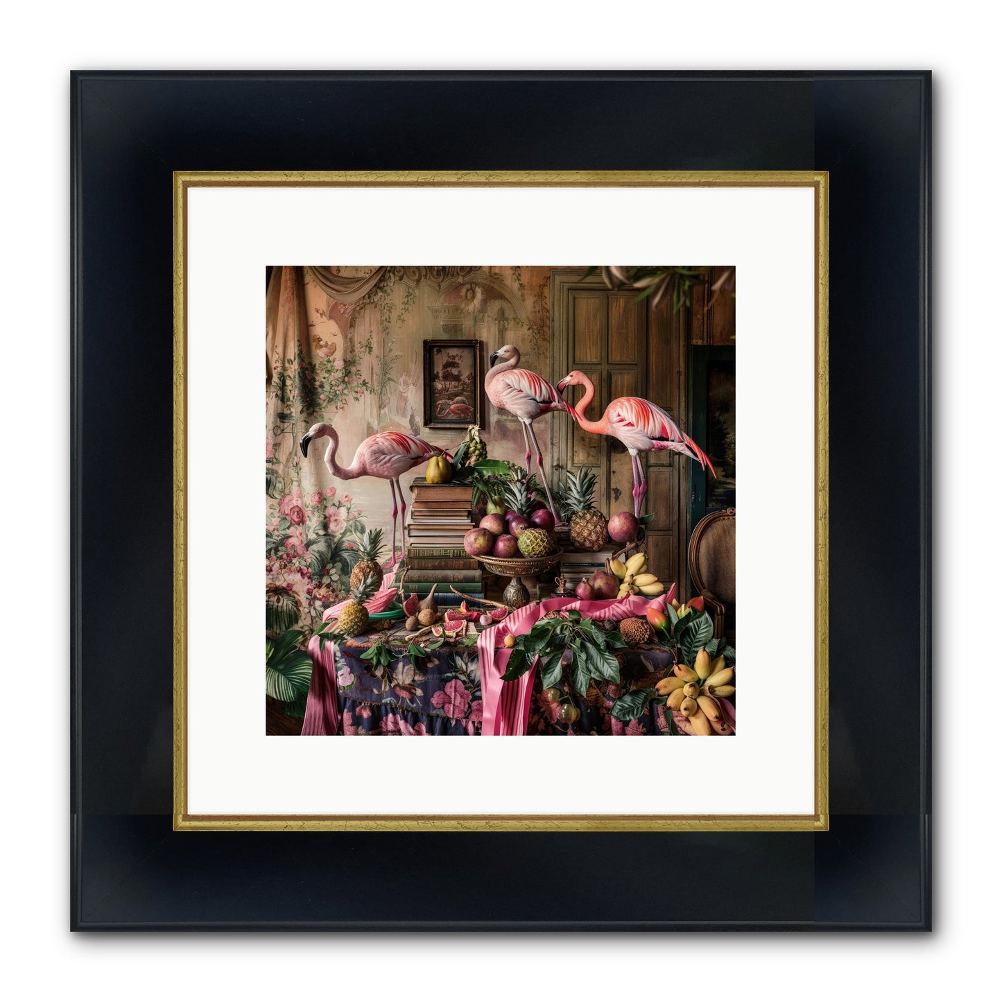 Scarlet Sentinels Of Ancient Waters Framed Print - Wide Black w/Gold 12x12