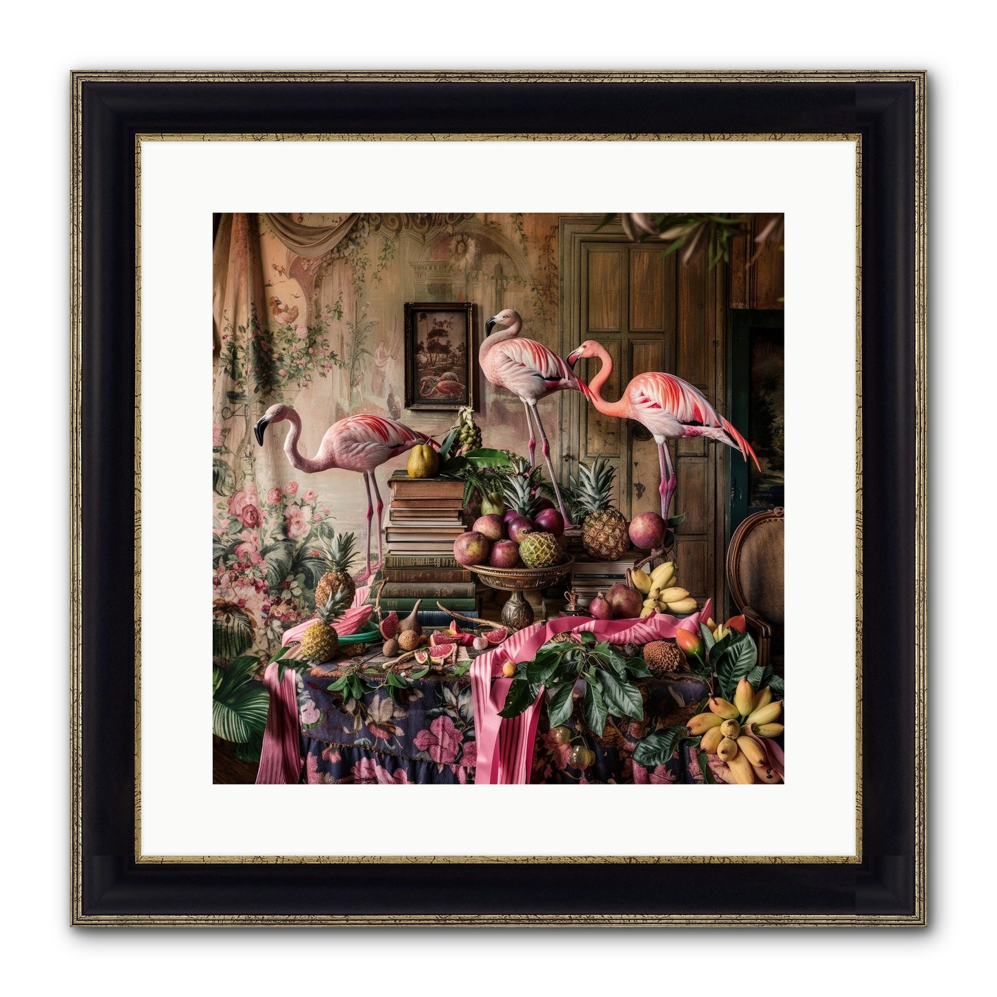 Scarlet Sentinels Of Ancient Waters Framed Print - Black & Gold 16x16