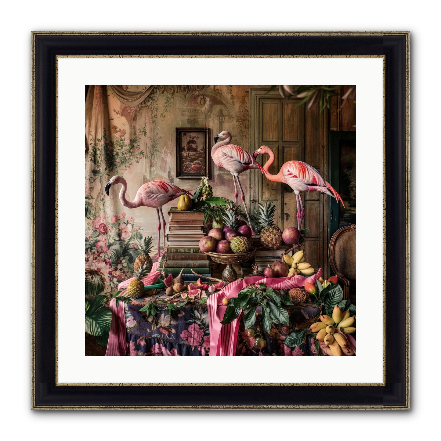 Scarlet Sentinels Of Ancient Waters Framed Print - Black & Gold 20x20