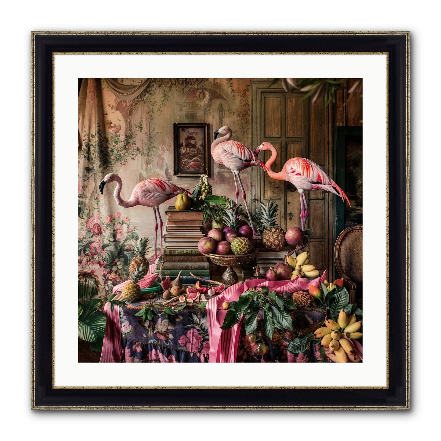 Scarlet Sentinels Of Ancient Waters Framed Print - Black & Gold 24x24