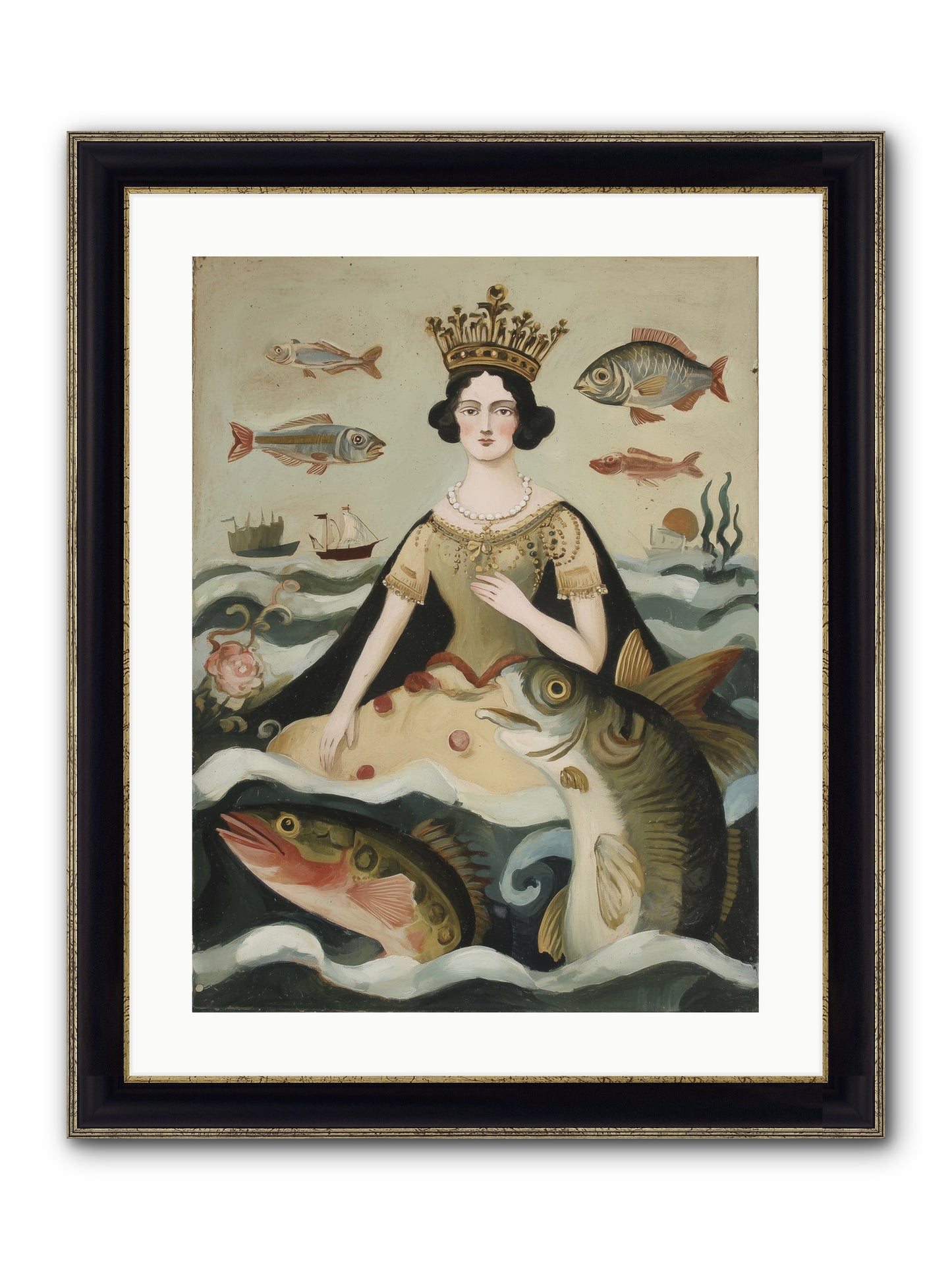 Sea Goddess Rising Framed Print - Black & Gold 18x24