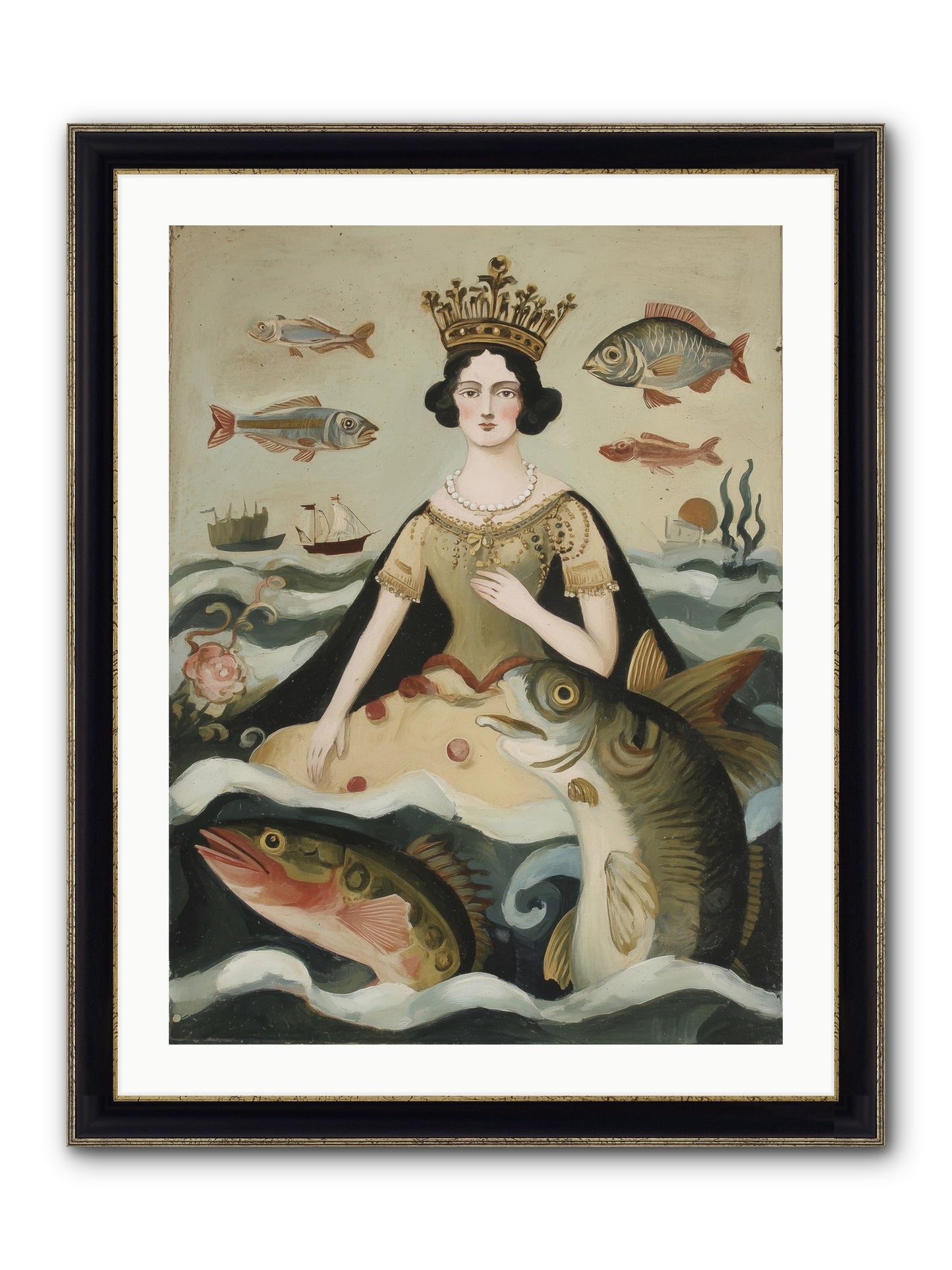 Sea Goddess Rising Framed Print - Black & Gold 24x32