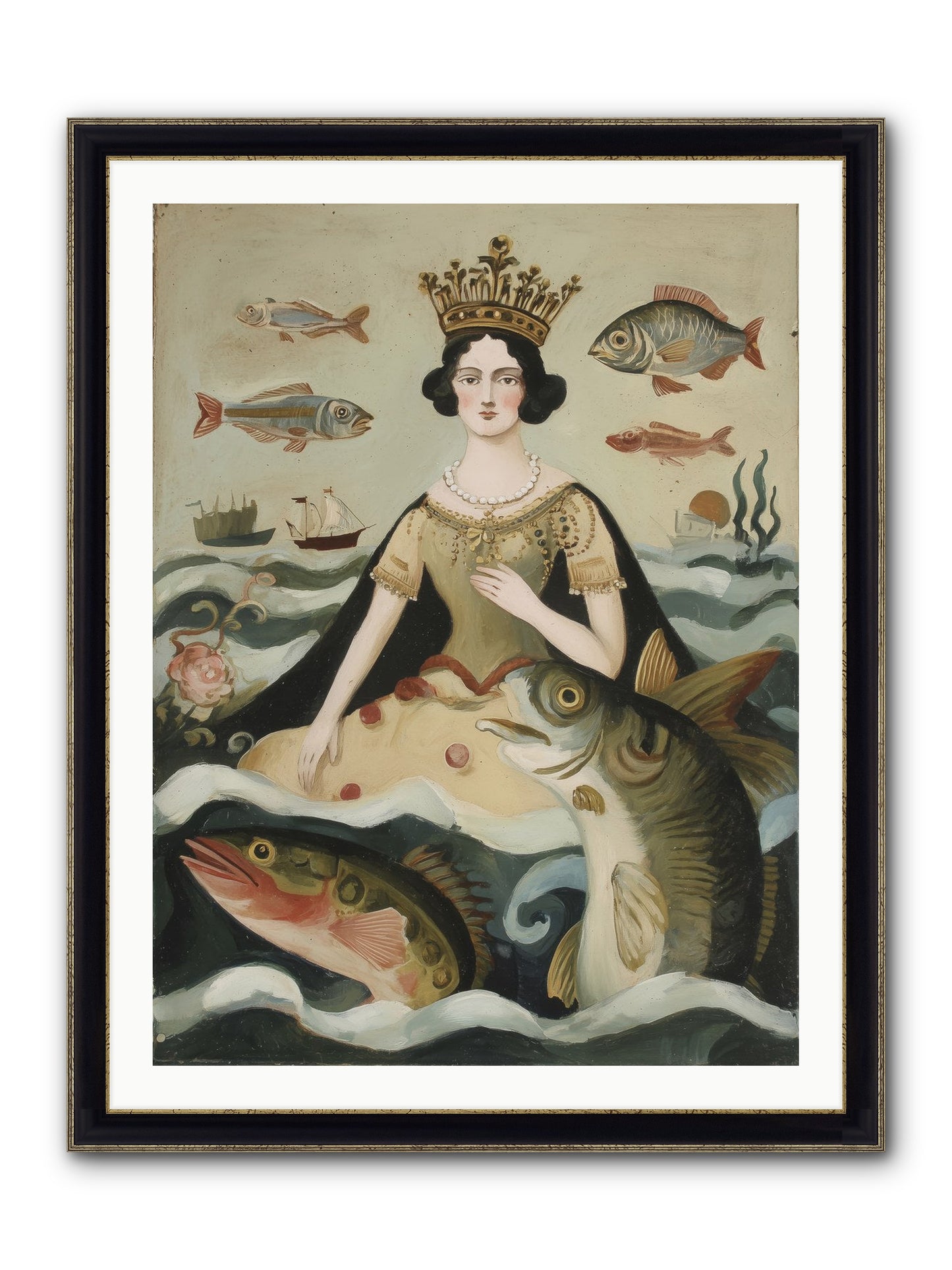 Sea Goddess Rising Framed Print - Black & Gold 30x40