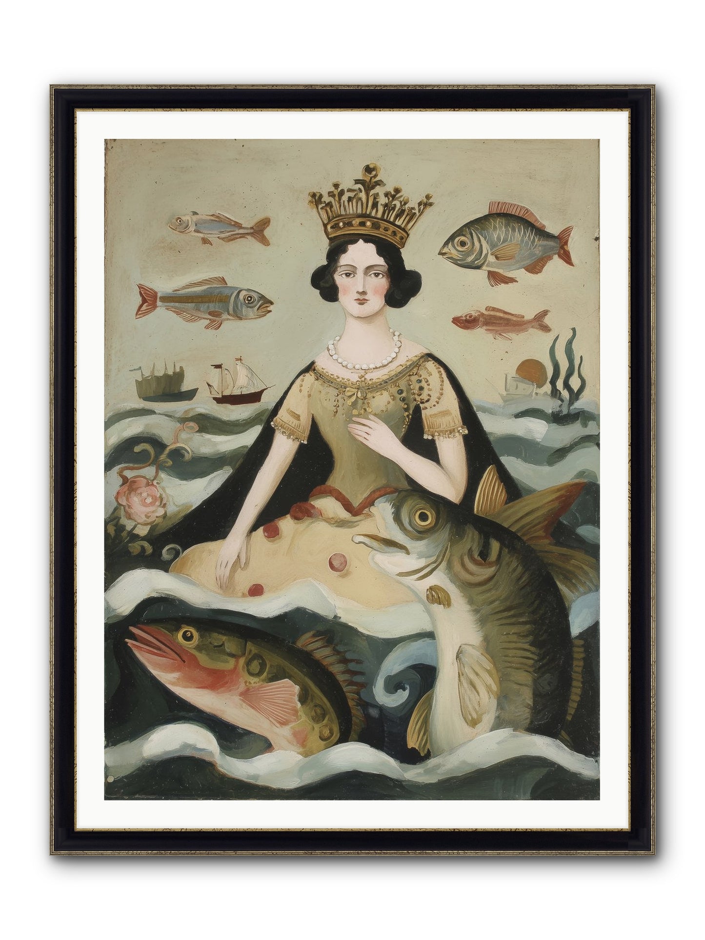 Sea Goddess Rising Framed Print - Black & Gold 36x48