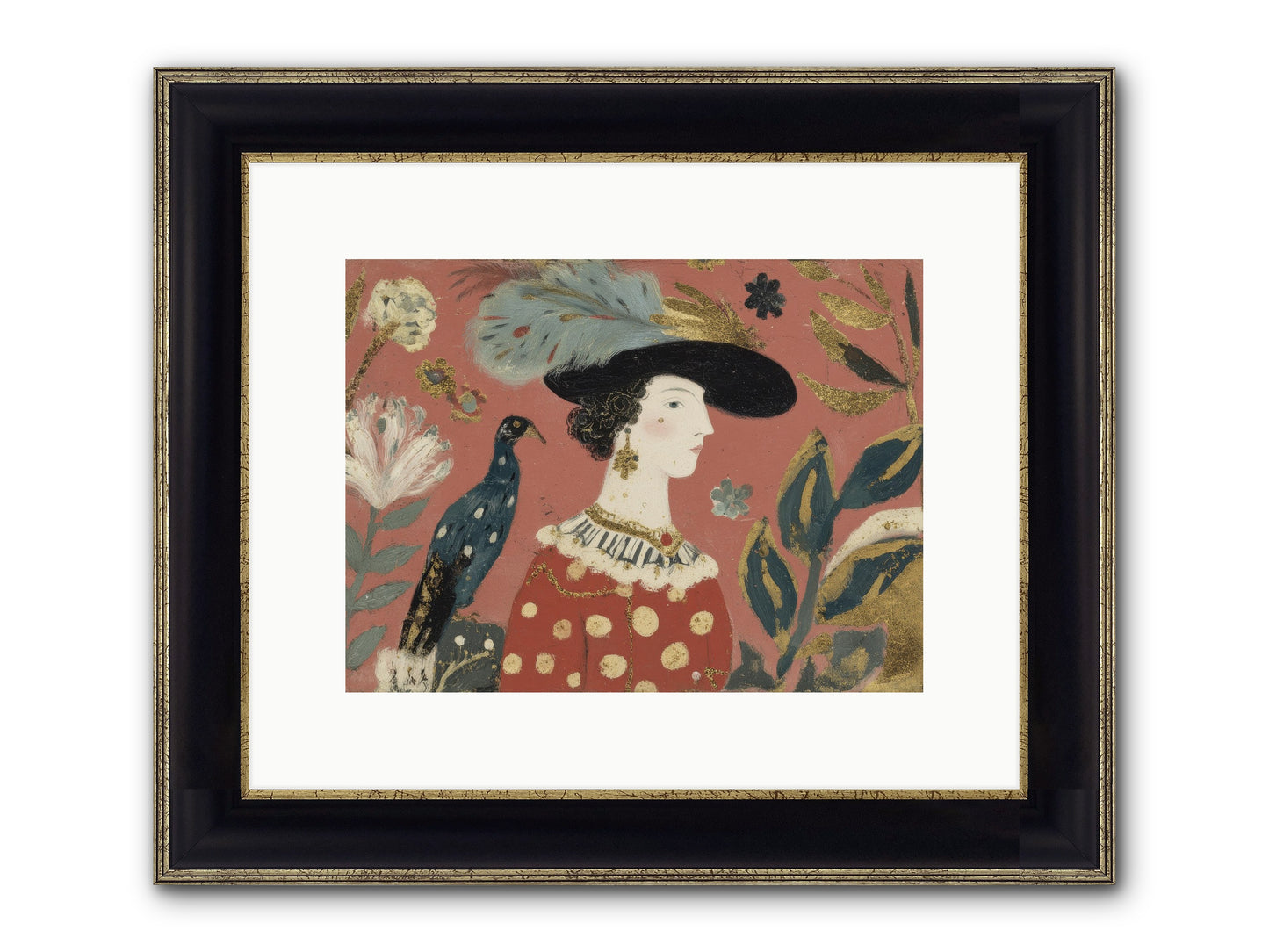 She Collected Feathers No.2 Framed Print - Black & Gold 12x9