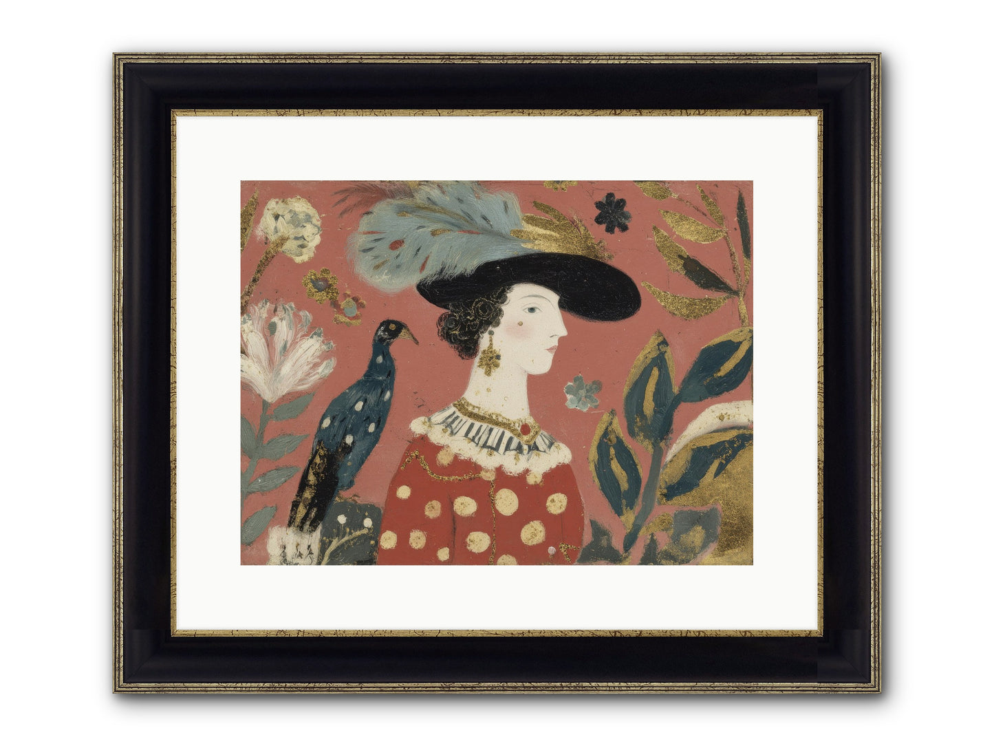 She Collected Feathers No.2 Framed Print - Black & Gold 16x12